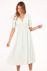 Ronnie Short Sleeve Midi Dress - Green Blue Stripe