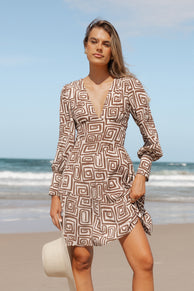 Sheridan Long Sleeve Mini Dress - Chocolate Brown Print