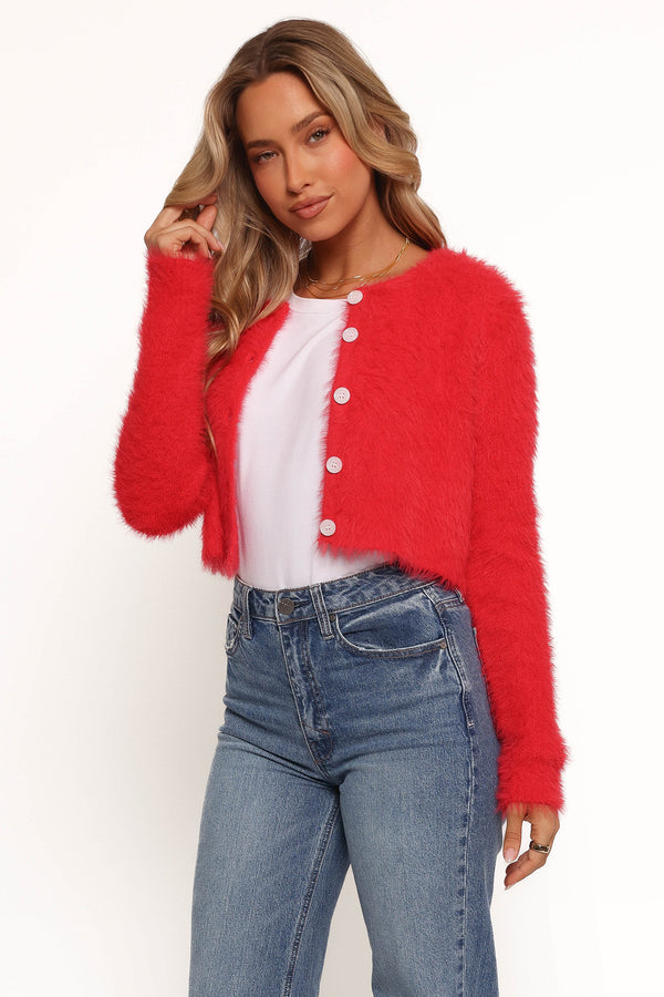 Tavan Crop Button Front Cardigan - Red