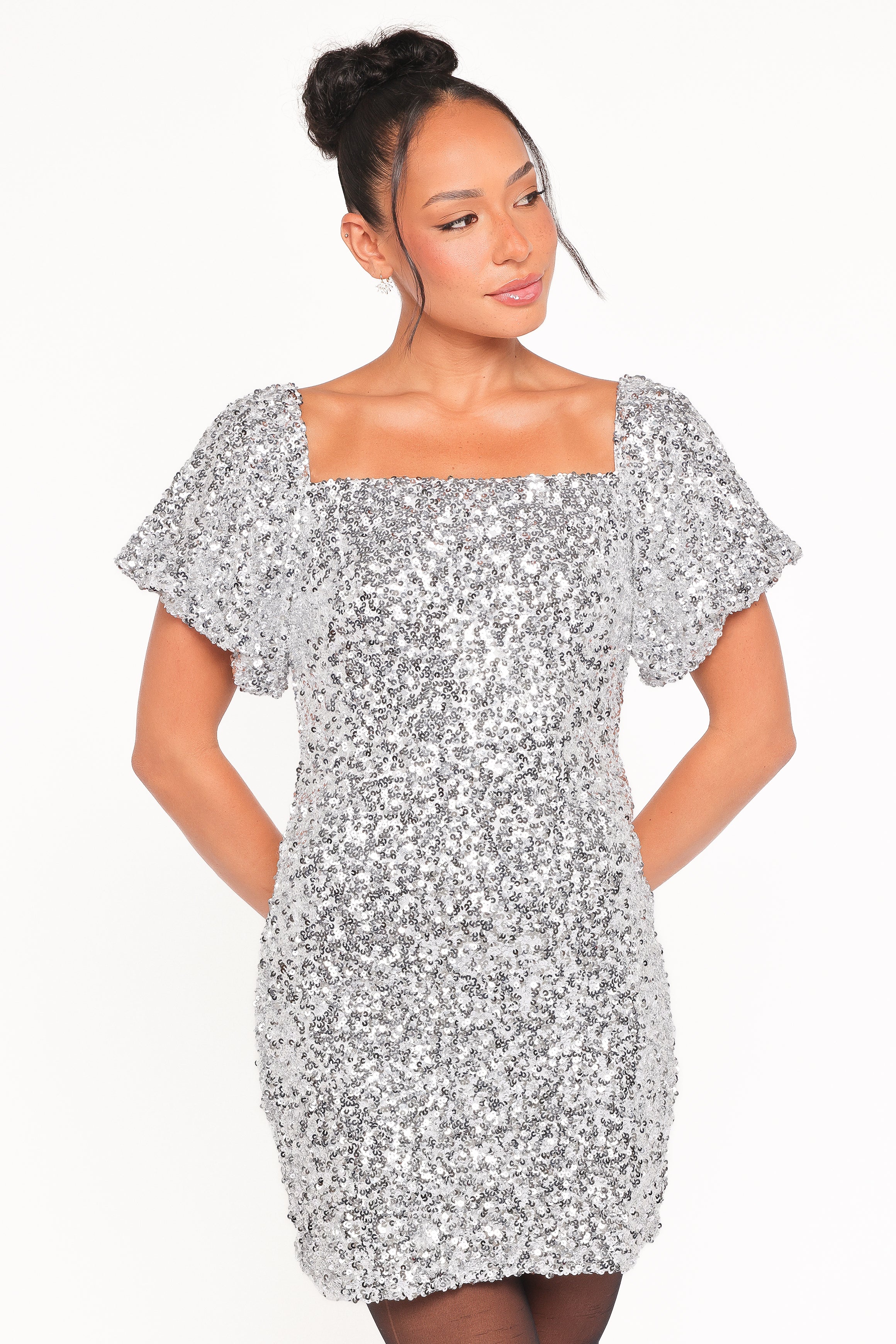Tory Off Shoulder Sequin Mini Dress - Silver