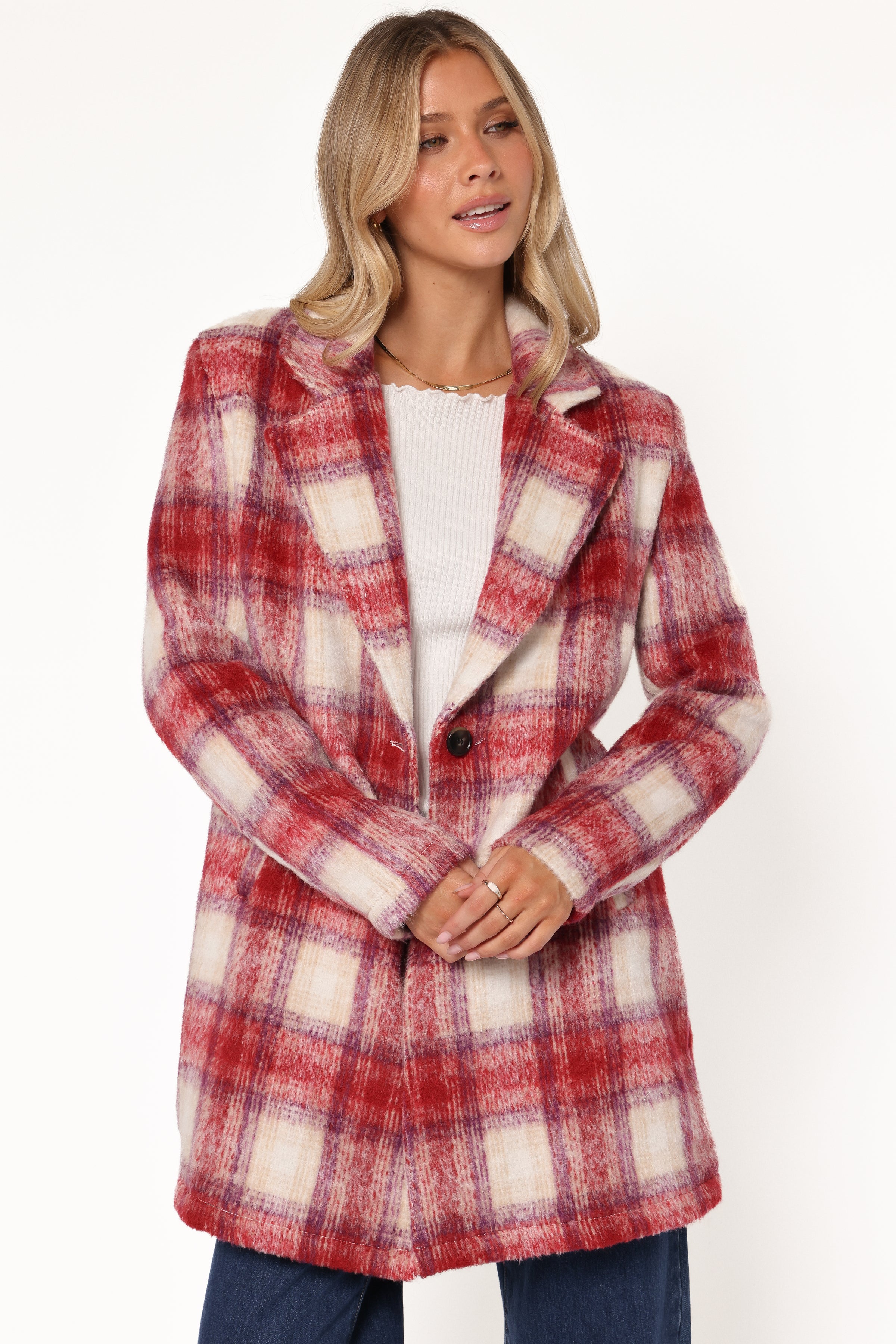 Travistine Long Plaid Coat - Pink