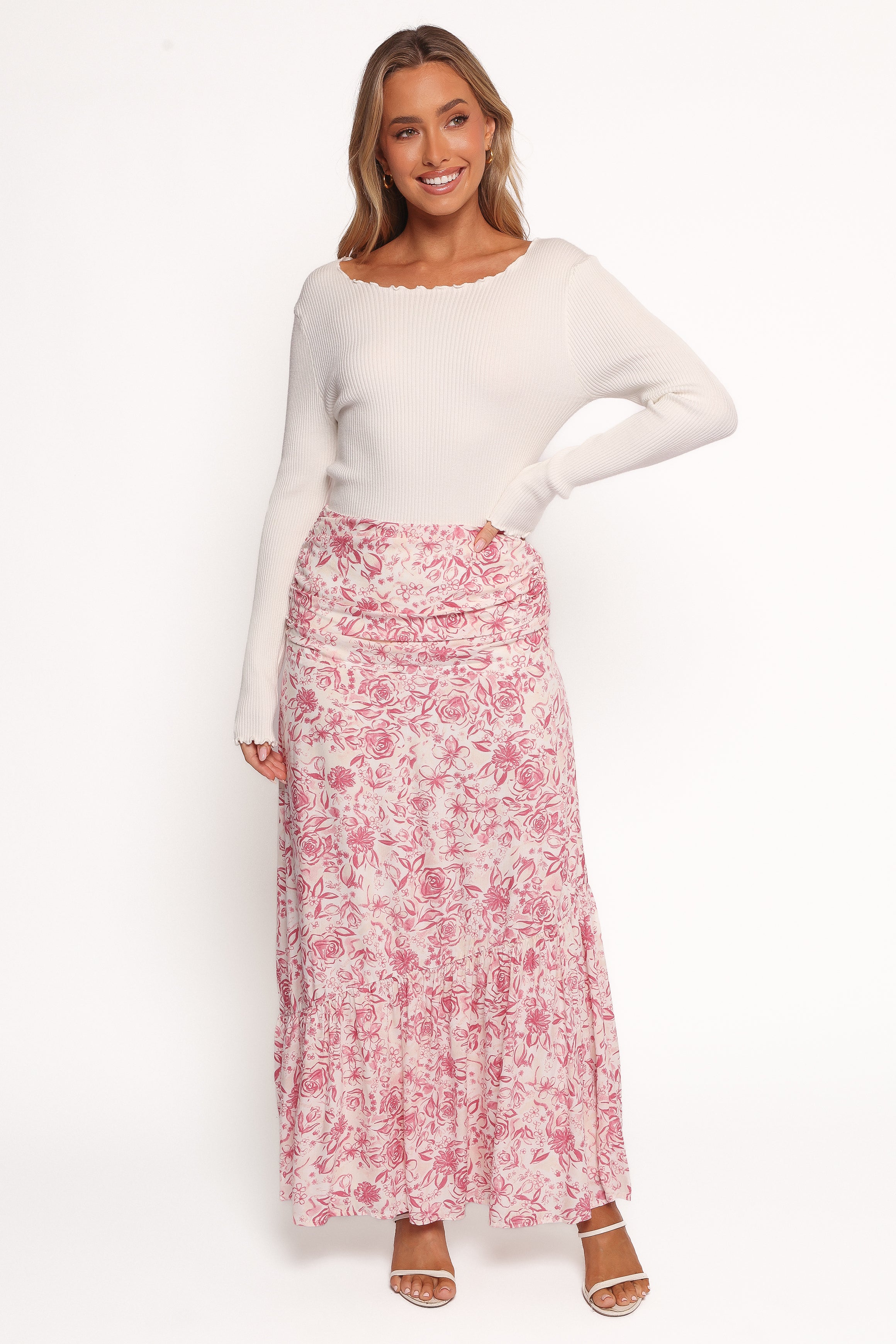 Velda Ruched Maxi Skirt - Pink Floral