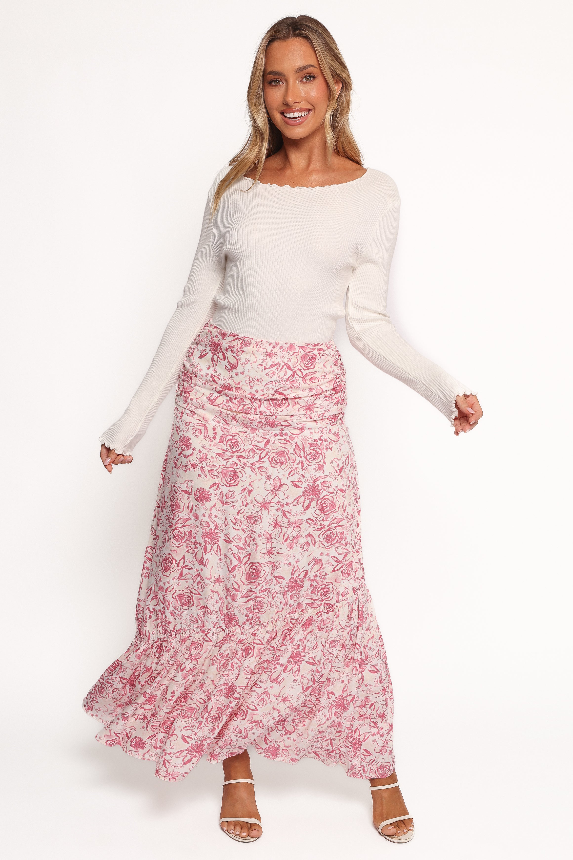 Velda Ruched Maxi Skirt - Pink Floral