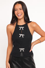 Velma Halter Neck Top With Embellished Bows - Black
