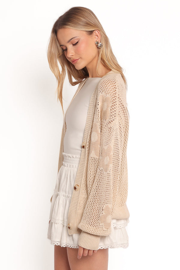 Winslow Open Knit Flower Cardigan - Tan