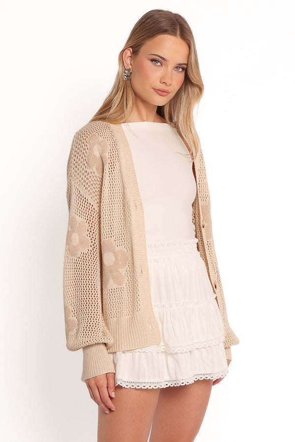 Winslow Open Knit Flower Cardigan - Tan