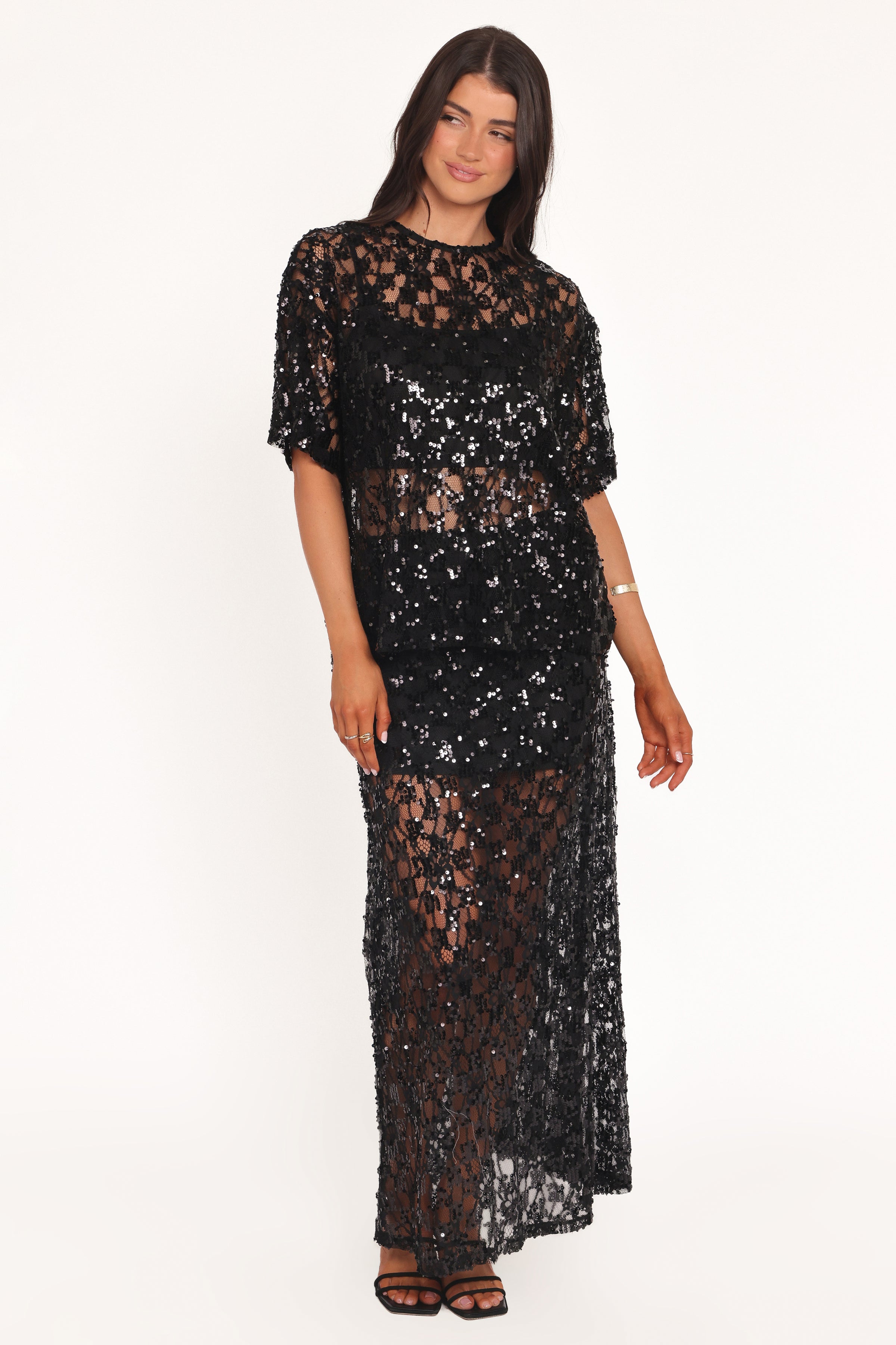 Yonder Sheer Panel Lace Maxi Skirt - Black