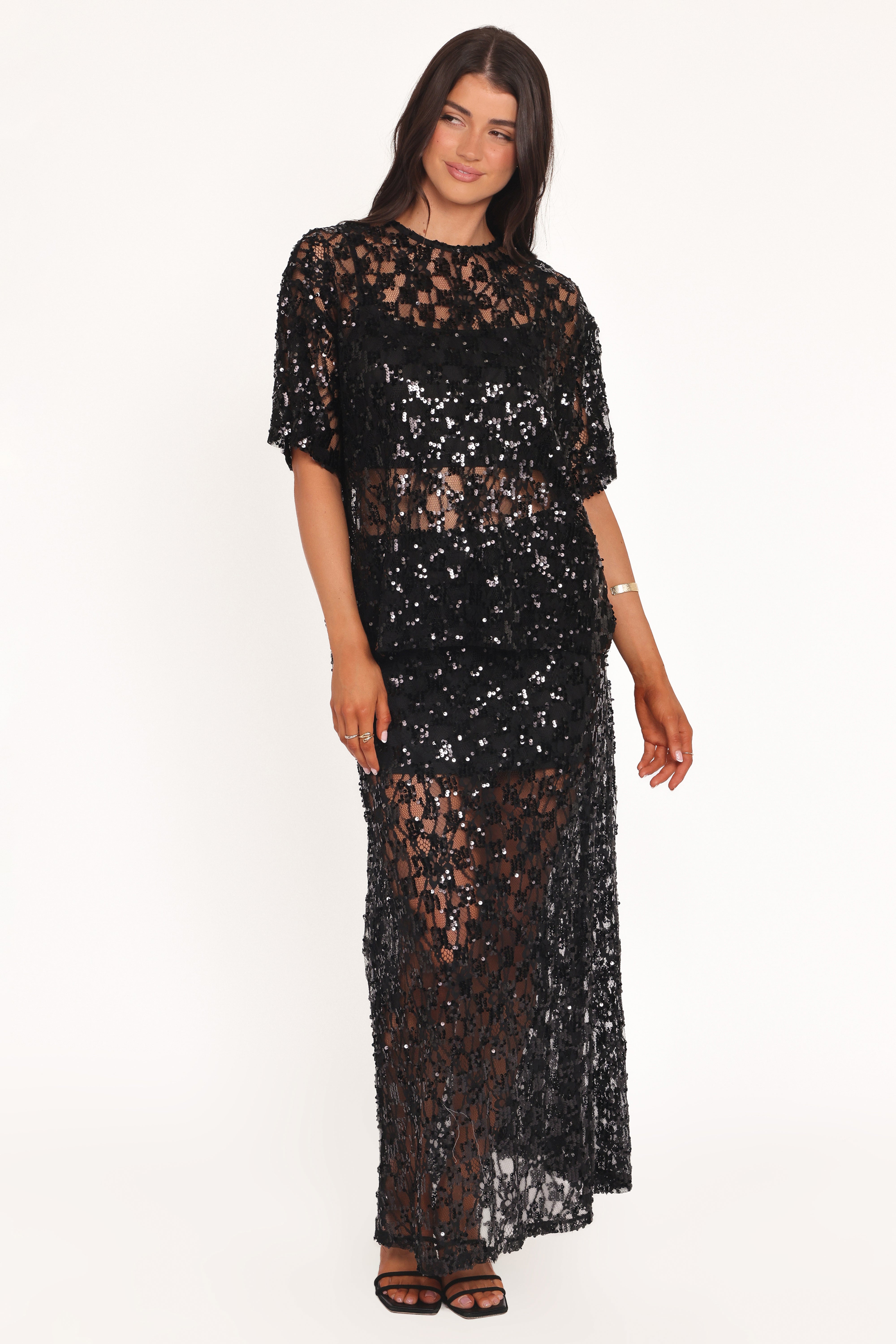 Yonder Sheer Panel Lace Maxi Skirt - Black
