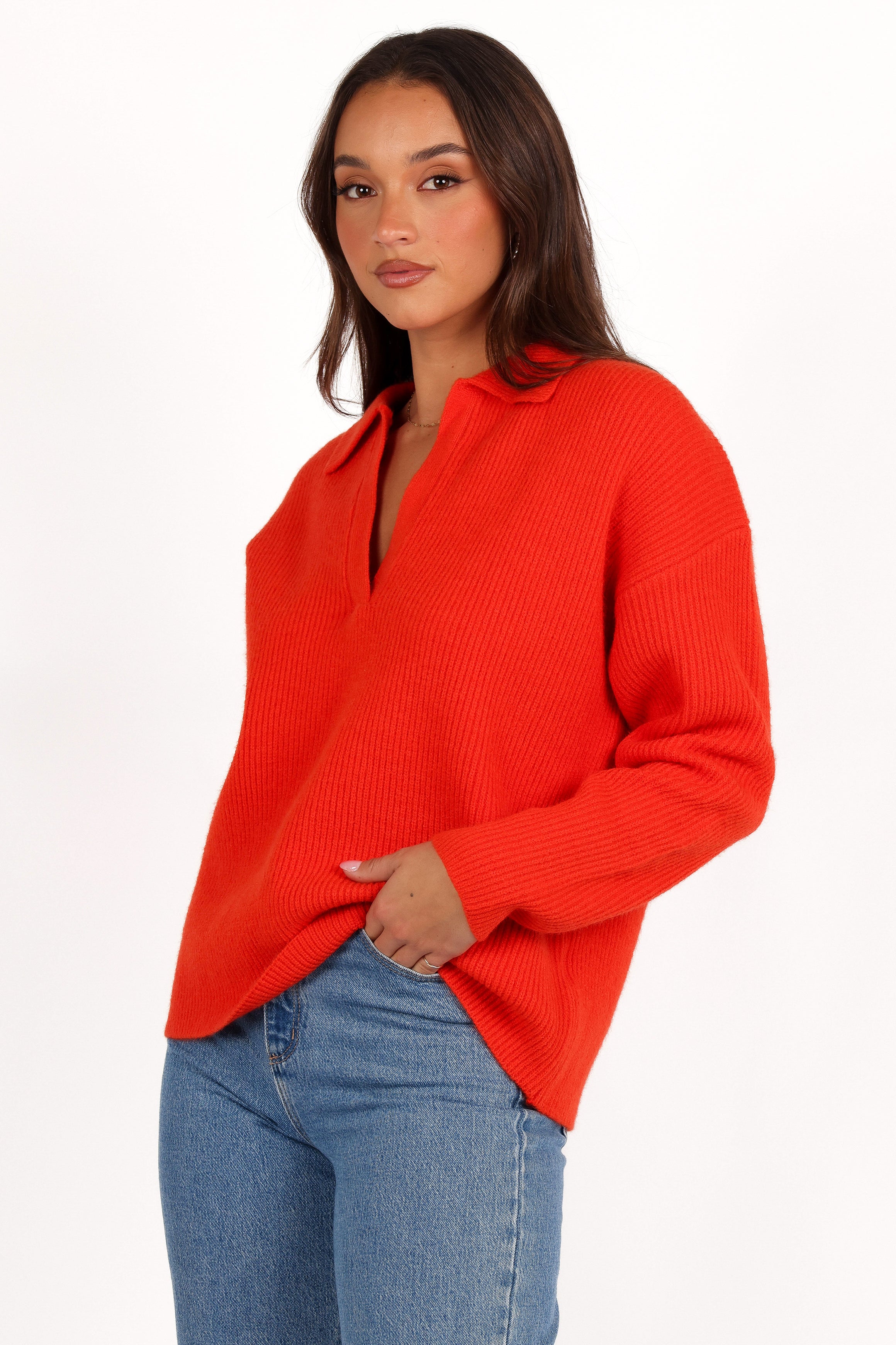 Zala Vneck Collar Knit Sweater - Red