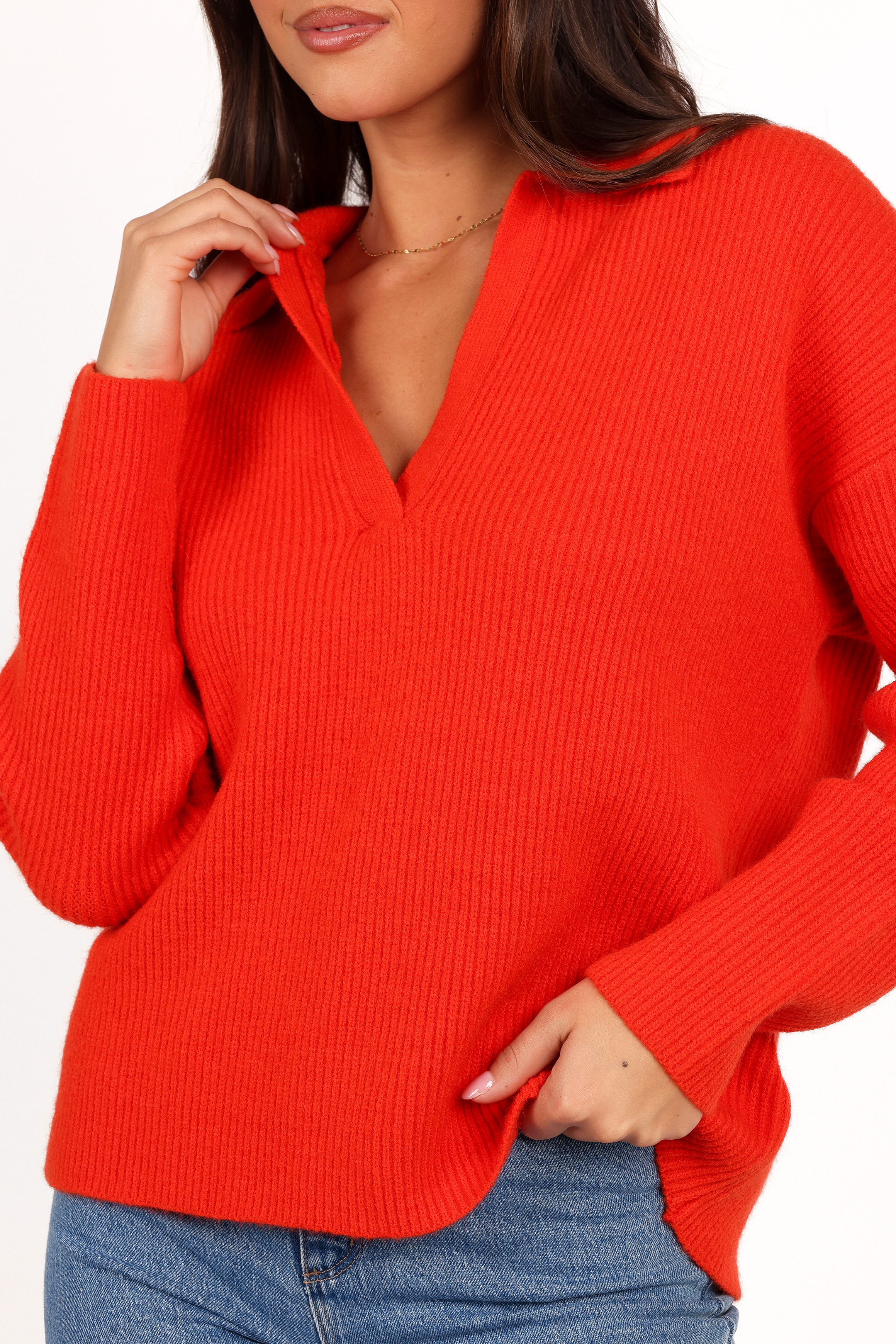 Zala Vneck Collar Knit Sweater - Red