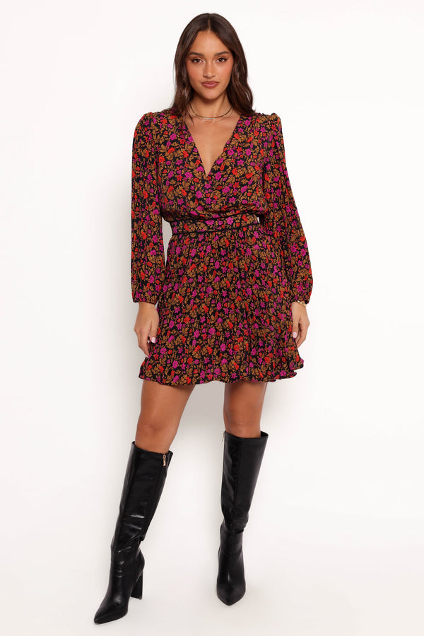 Zephyr Long Sleeve Mini Dress - Black Magenta