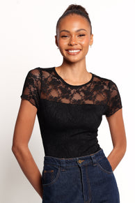 Ziva Lace Overlay Bodysuit - Black
