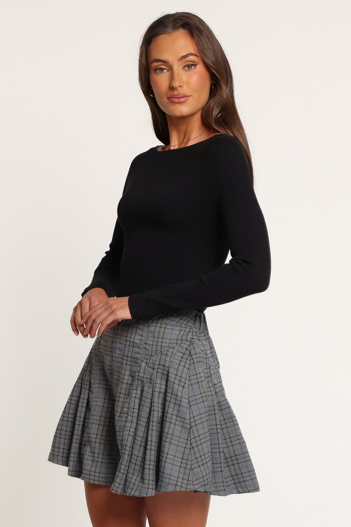 BOTTOMS Alek Pleated Mini Skirt - Grey/Blue Plaid