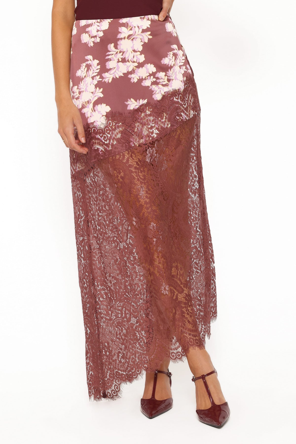 BOTTOMS Ali Lace Trim Midi Skirt - Pink Rum Floral