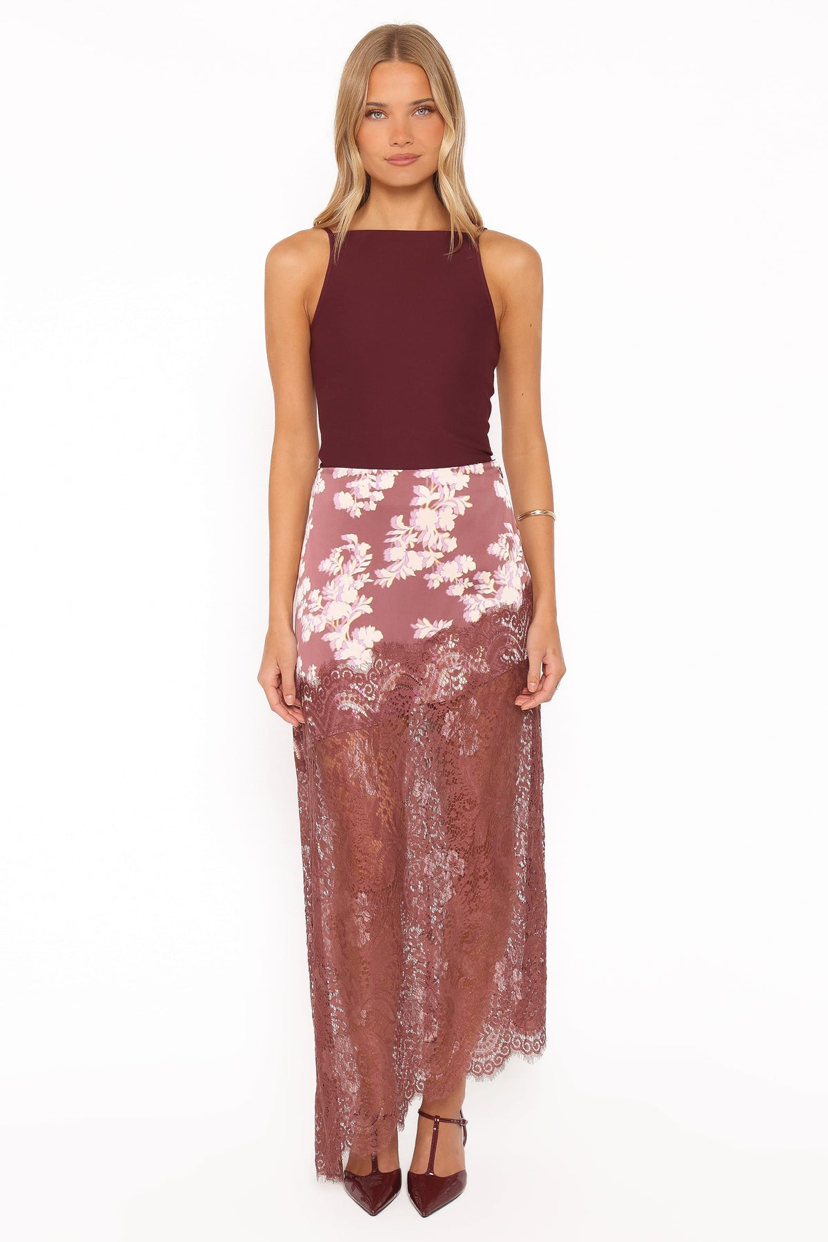 BOTTOMS Ali Lace Trim Midi Skirt - Pink Rum Floral