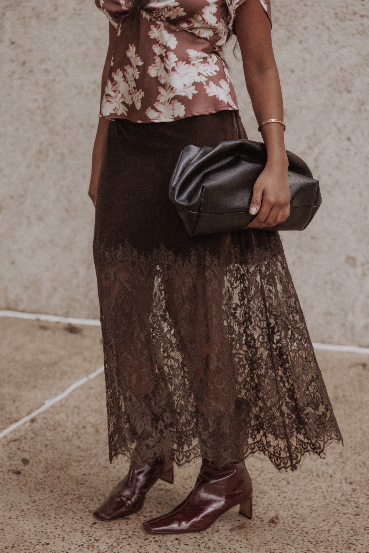 BOTTOMS Bridie Lace Trim Midi Skirt - Chocolate Velvet