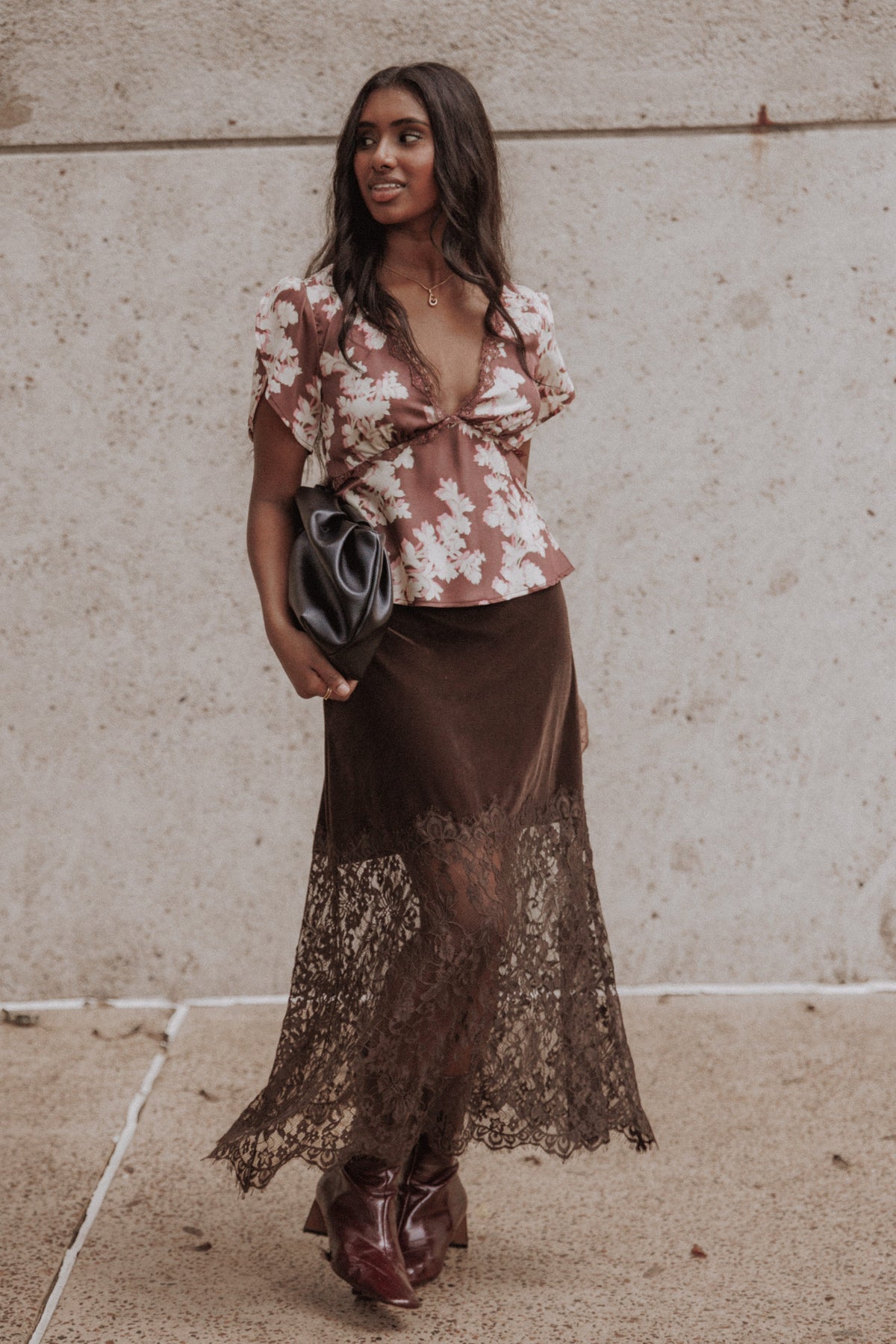BOTTOMS Bridie Lace Trim Midi Skirt - Chocolate Velvet