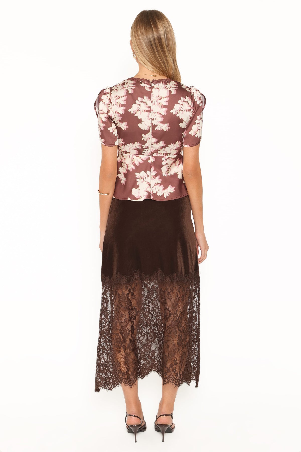 BOTTOMS Bridie Lace Trim Midi Skirt - Chocolate Velvet