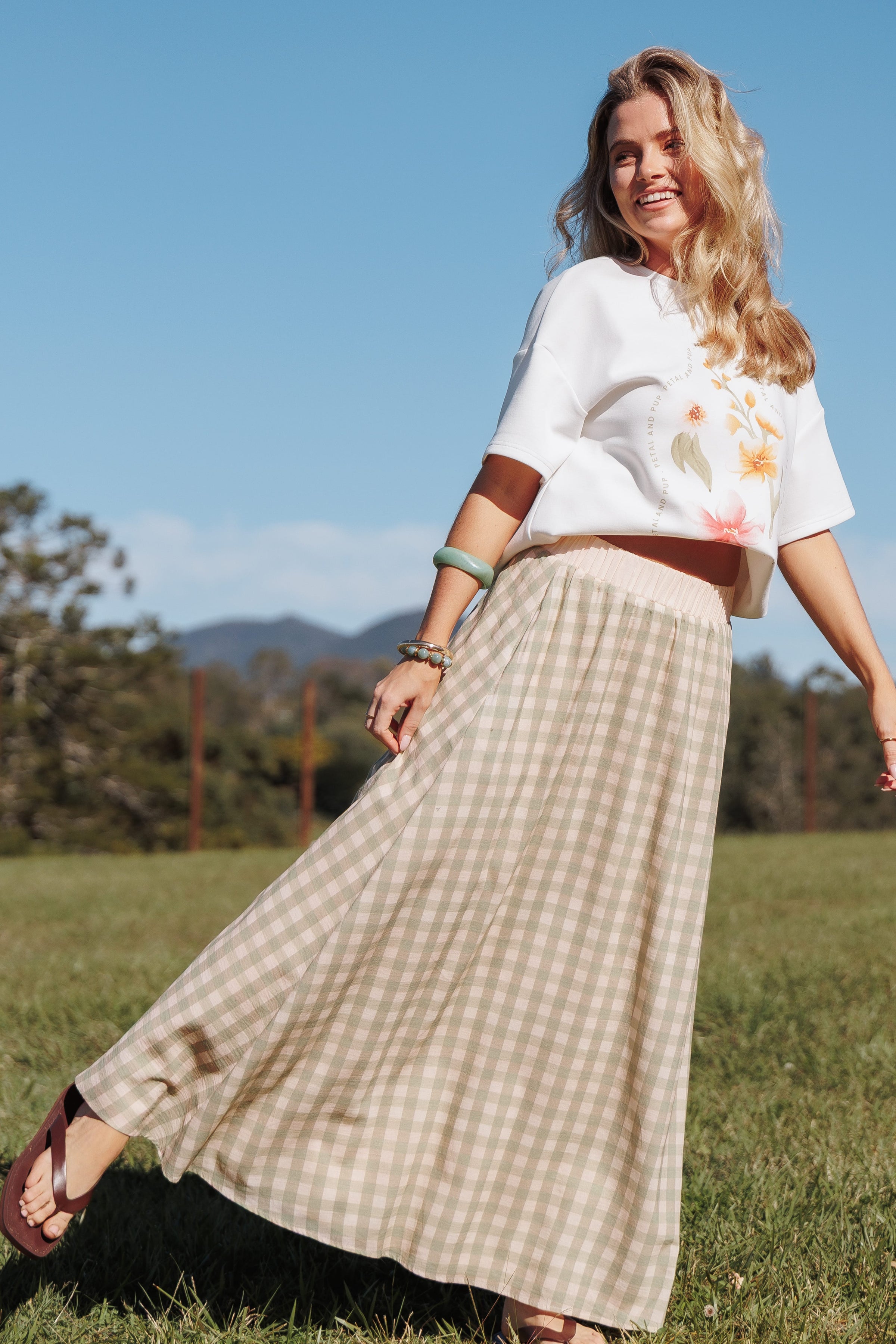 BOTTOMS Daroda Midi Circle Skirt - Green/Pink Gingham