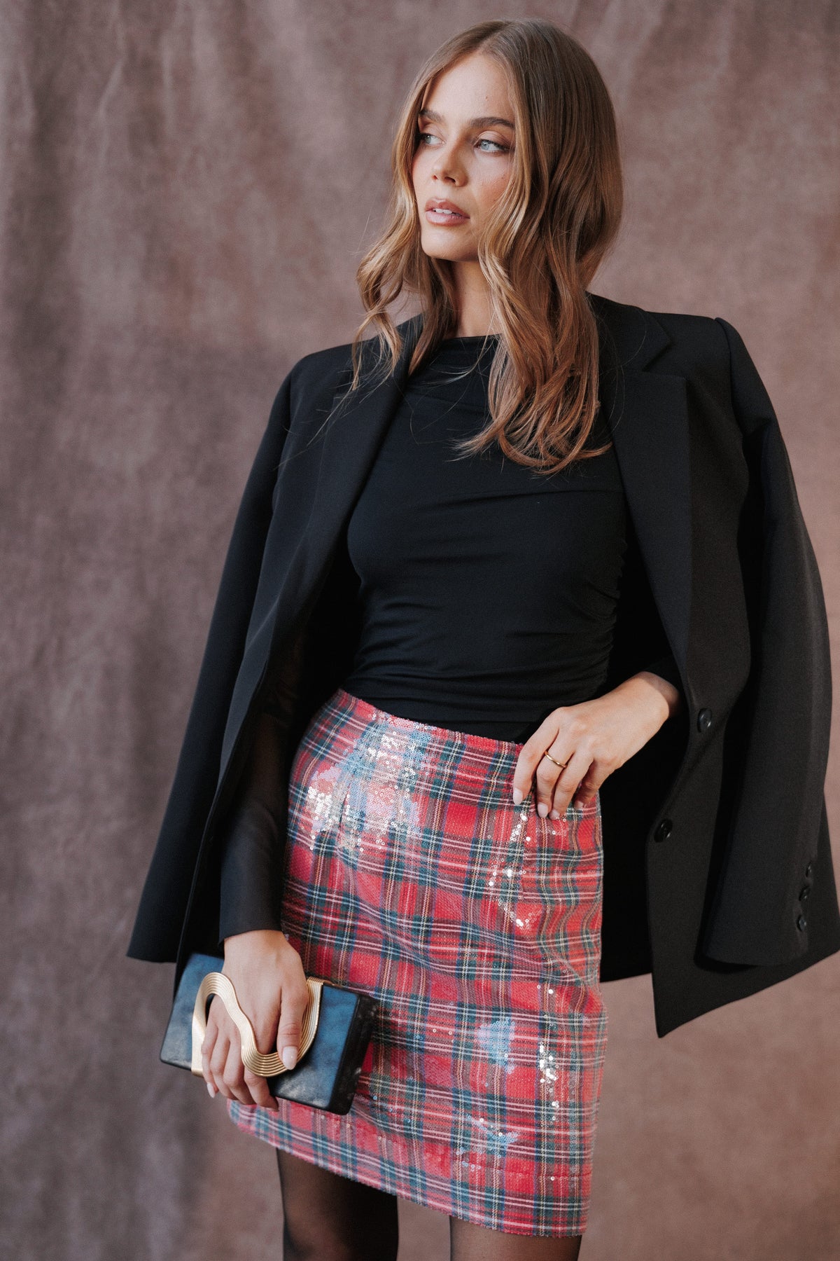 BOTTOMS Daymond Mini Skirt - Red Sequin Tartan