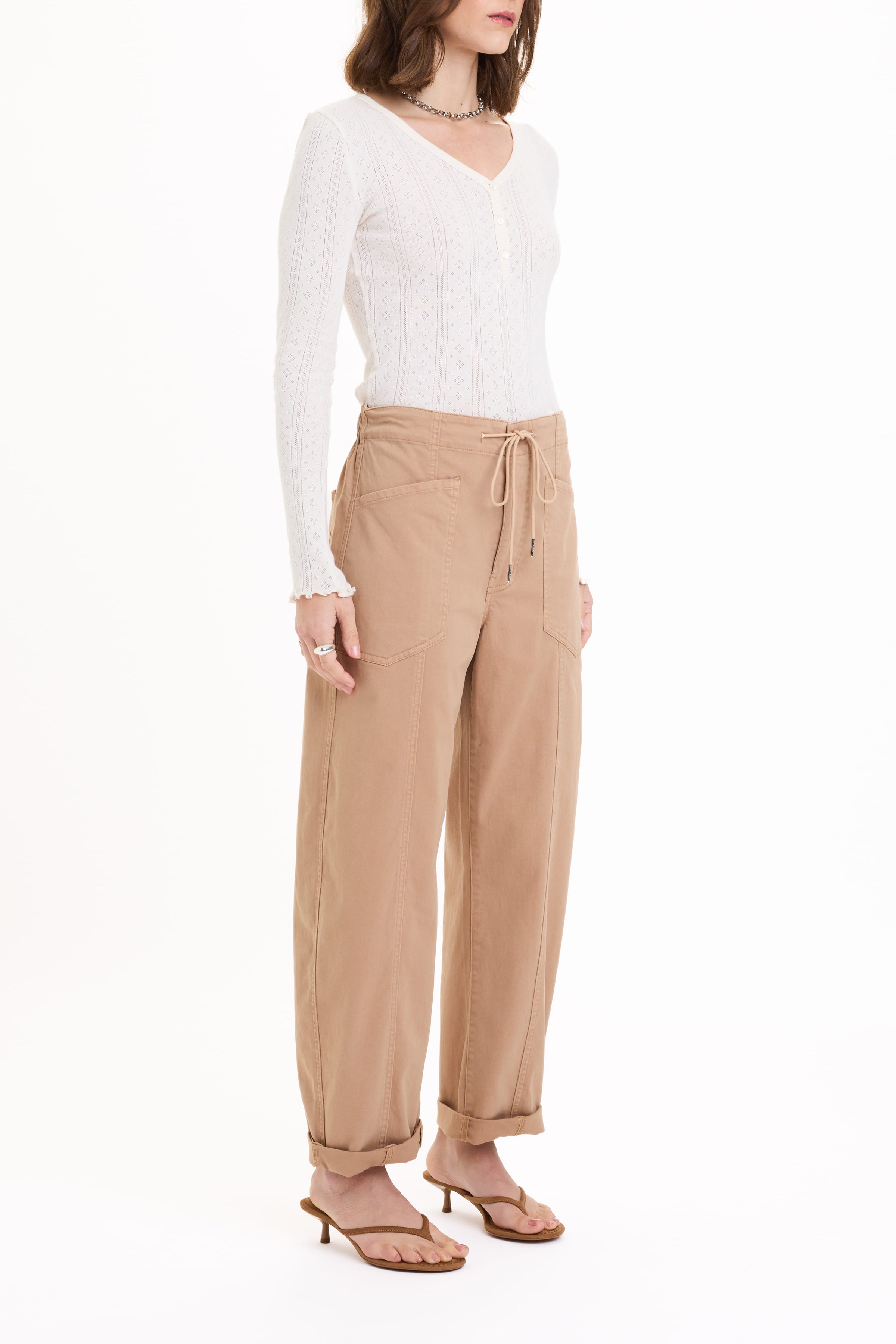 BOTTOMS Daze Villa Drawstring Twill Barrel Pants - Latte