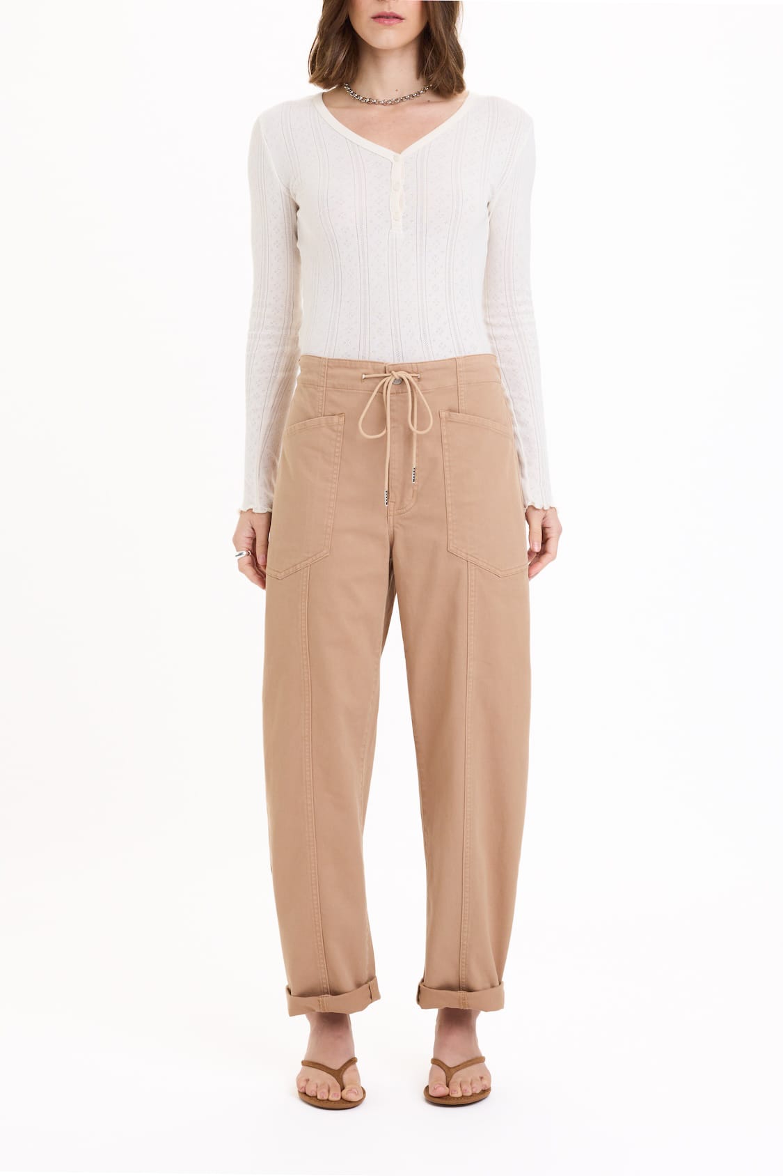 BOTTOMS Daze Villa Drawstring Twill Barrel Pants - Latte