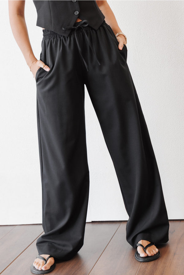 BOTTOMS Drapey Elastic Waist Wide Leg Pants - Black