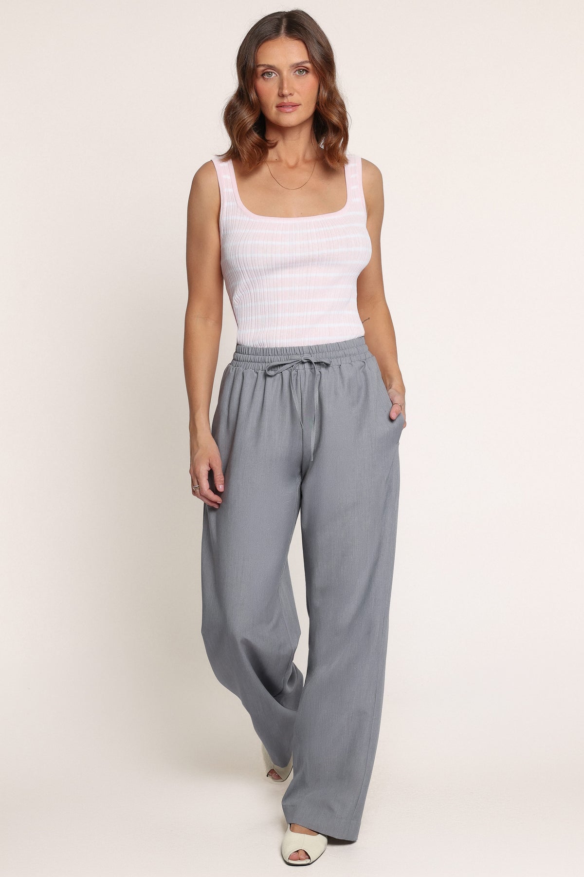 BOTTOMS Drapey Elastic Waist Wide Leg Pants - Heather Grey