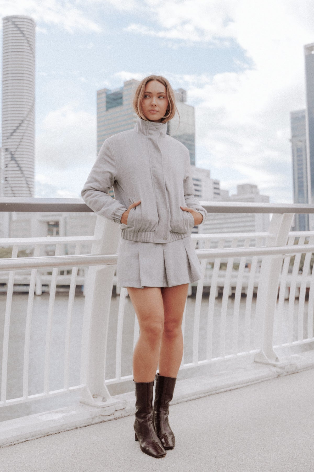 BOTTOMS Elina Pleated Skort - Grey Herringbone