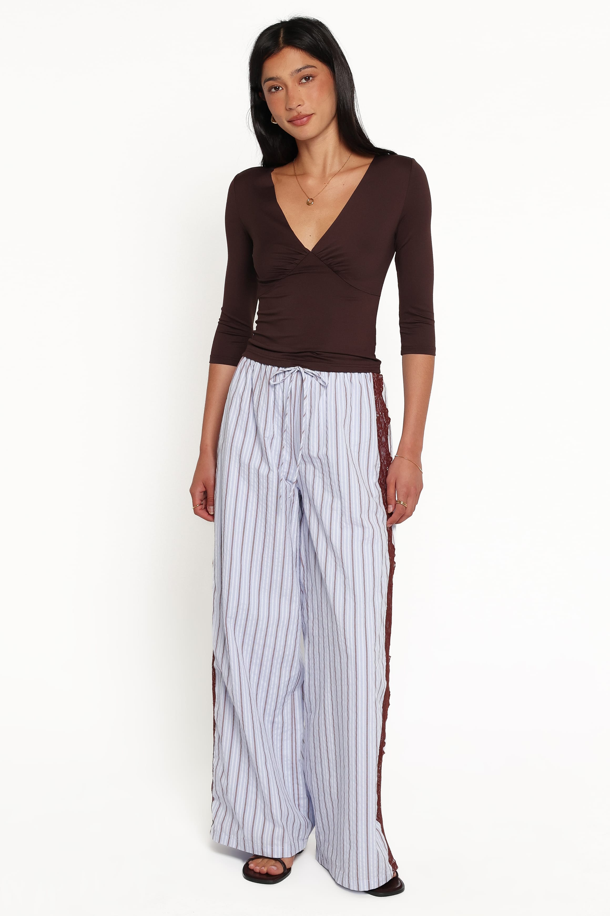 BOTTOMS Ellina Lace Contrast Wide Leg Pant - Blue Stripe
