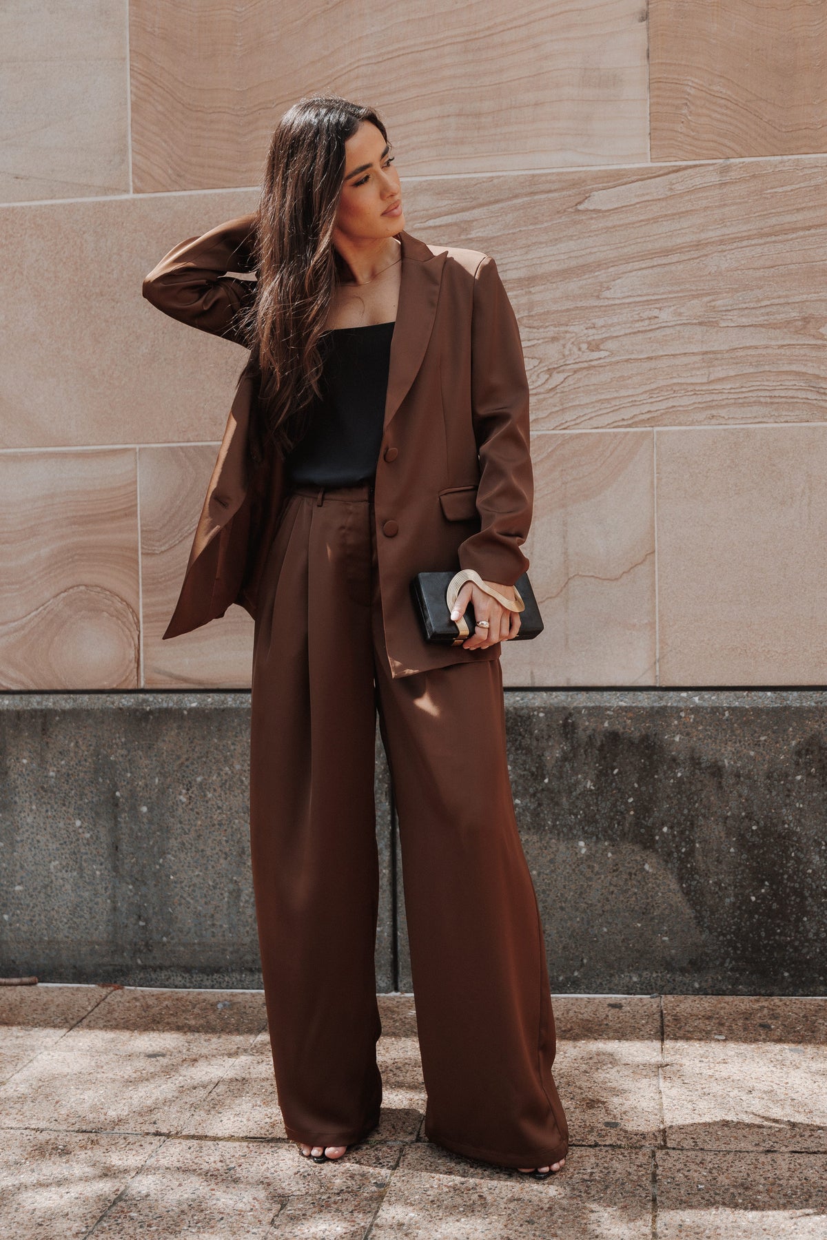 BOTTOMS Frankie Tailored Pant - Brown Satin