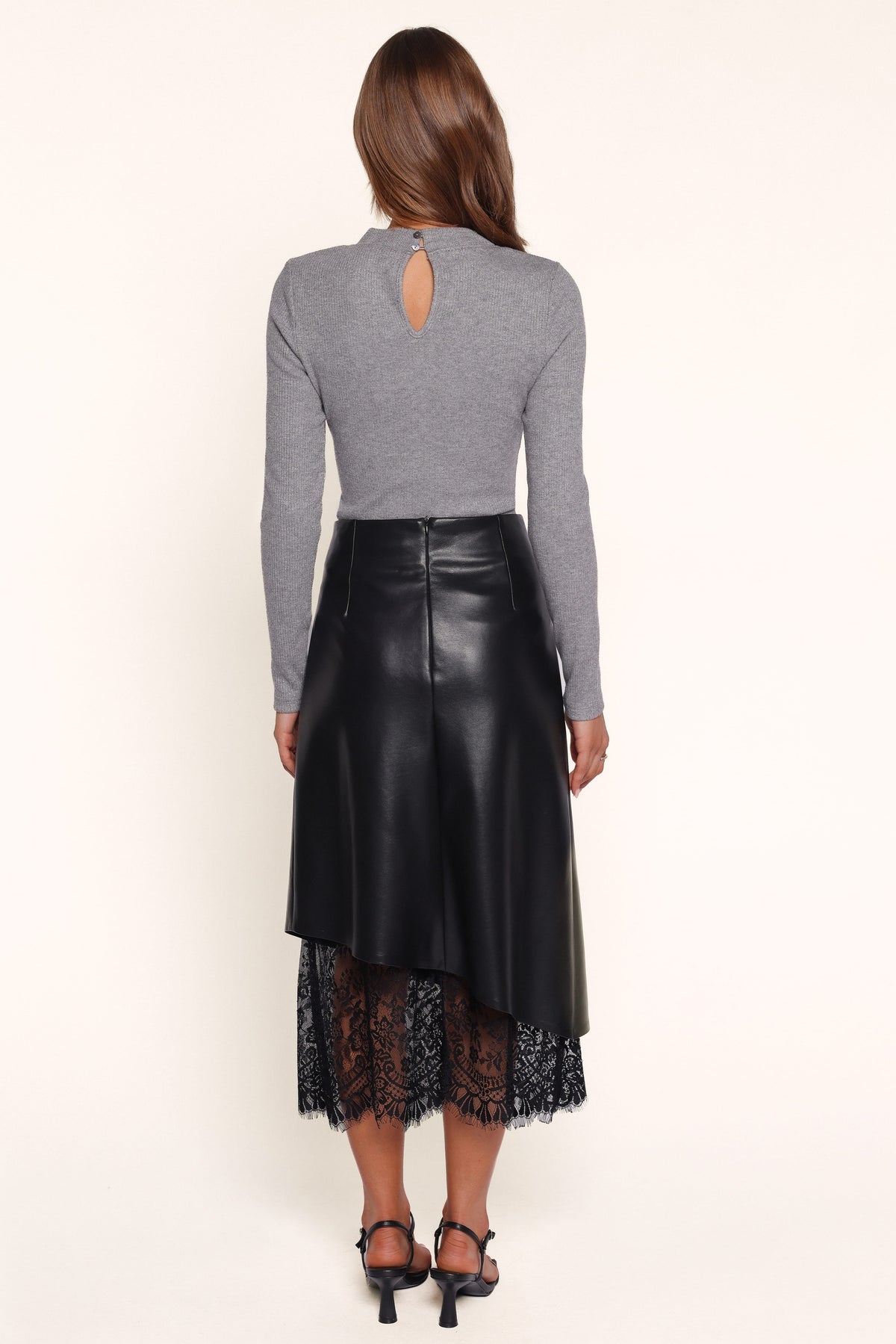 BOTTOMS Freida Vegan Leather Lace Trim Midi Skirt - Black