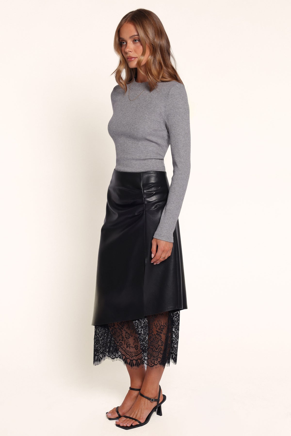 BOTTOMS Freida Vegan Leather Lace Trim Midi Skirt - Black