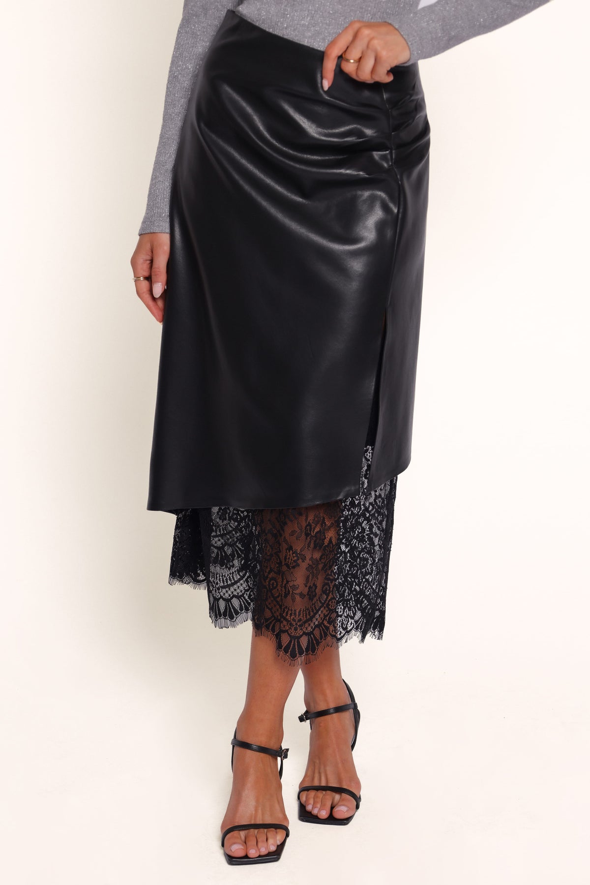 BOTTOMS Freida Vegan Leather Lace Trim Midi Skirt - Black