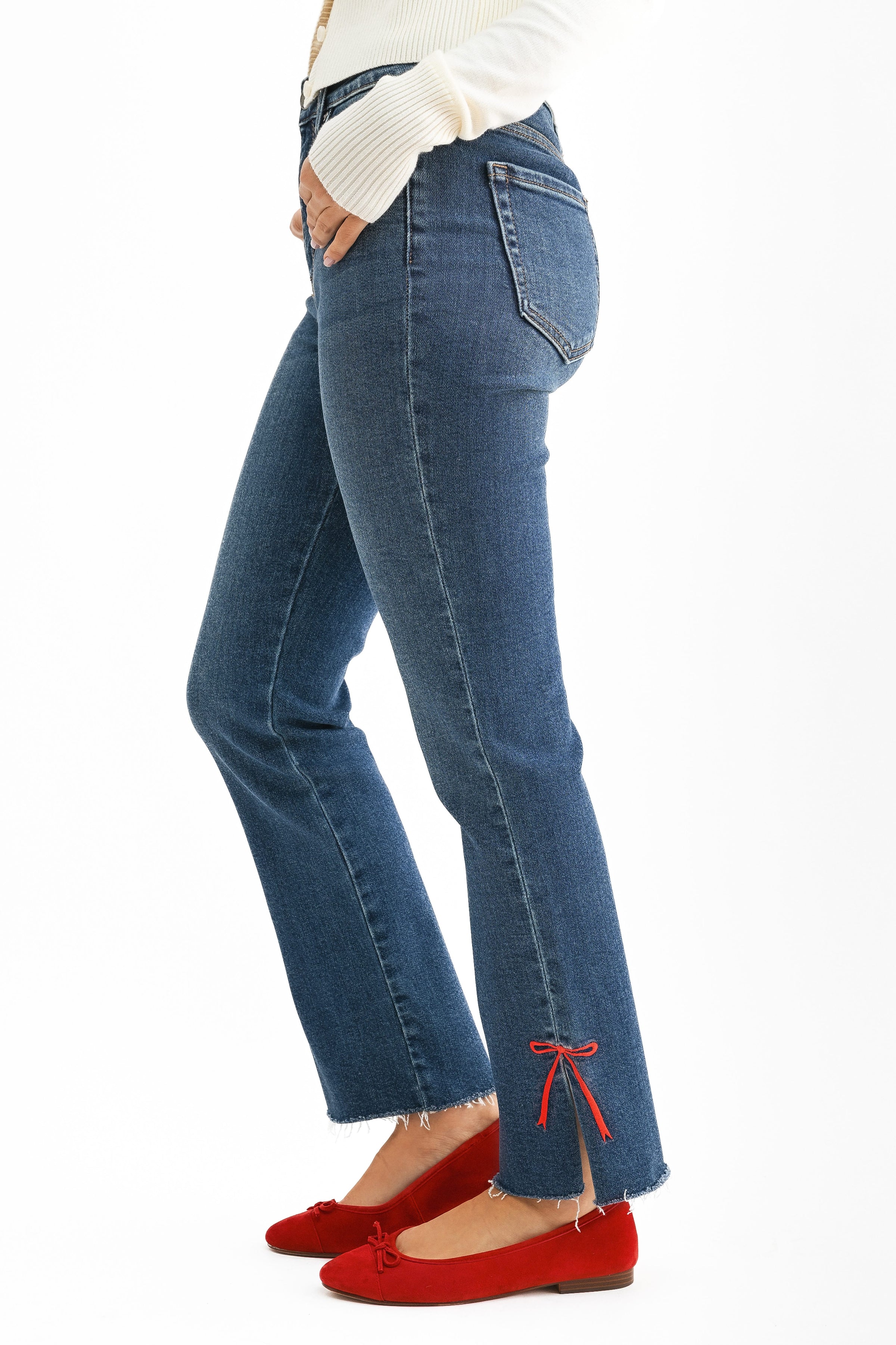 BOTTOMS Just Black Bow Split Hem Straight Leg Jeans - Dark Wash