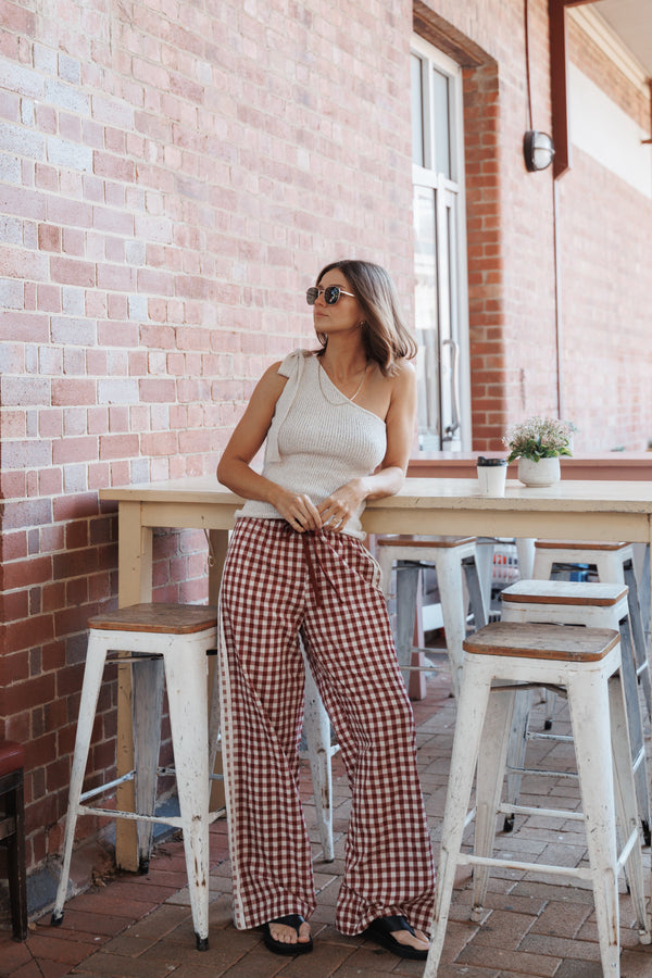 BOTTOMS Lawson Track Pants - Burgundy Gingham