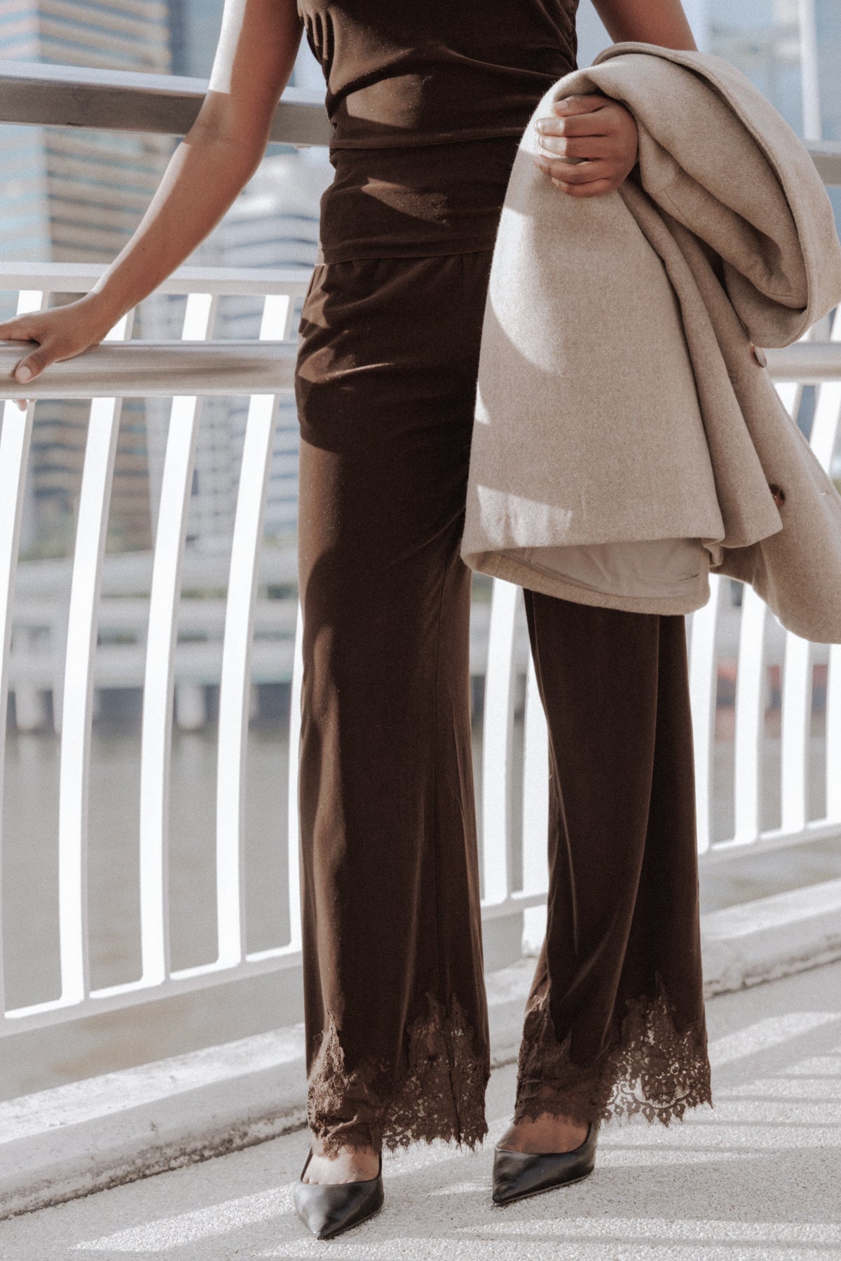 BOTTOMS Layton Wide Leg Lace Trim Pants - Chocolate Velvet