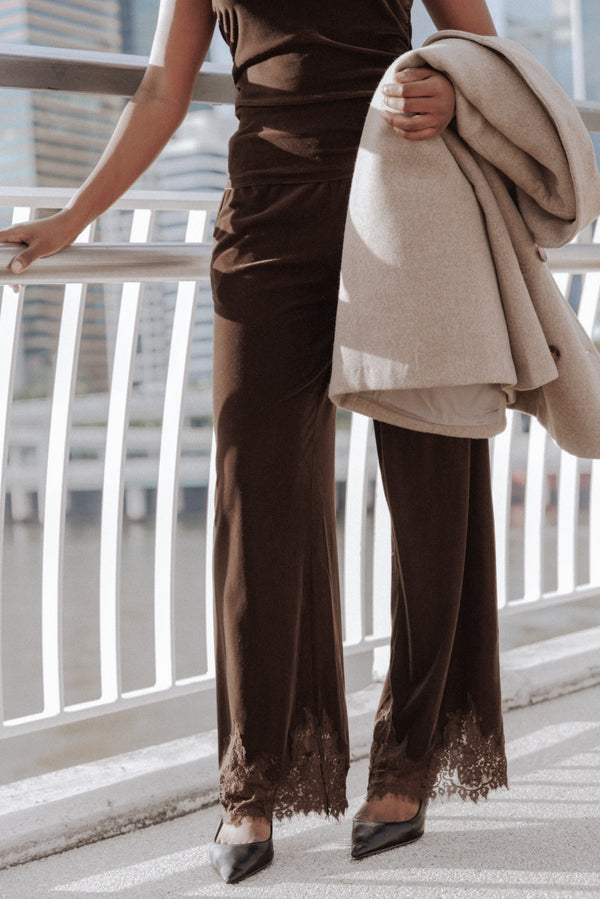 BOTTOMS Layton Wide Leg Lace Trim Pants - Chocolate Velvet