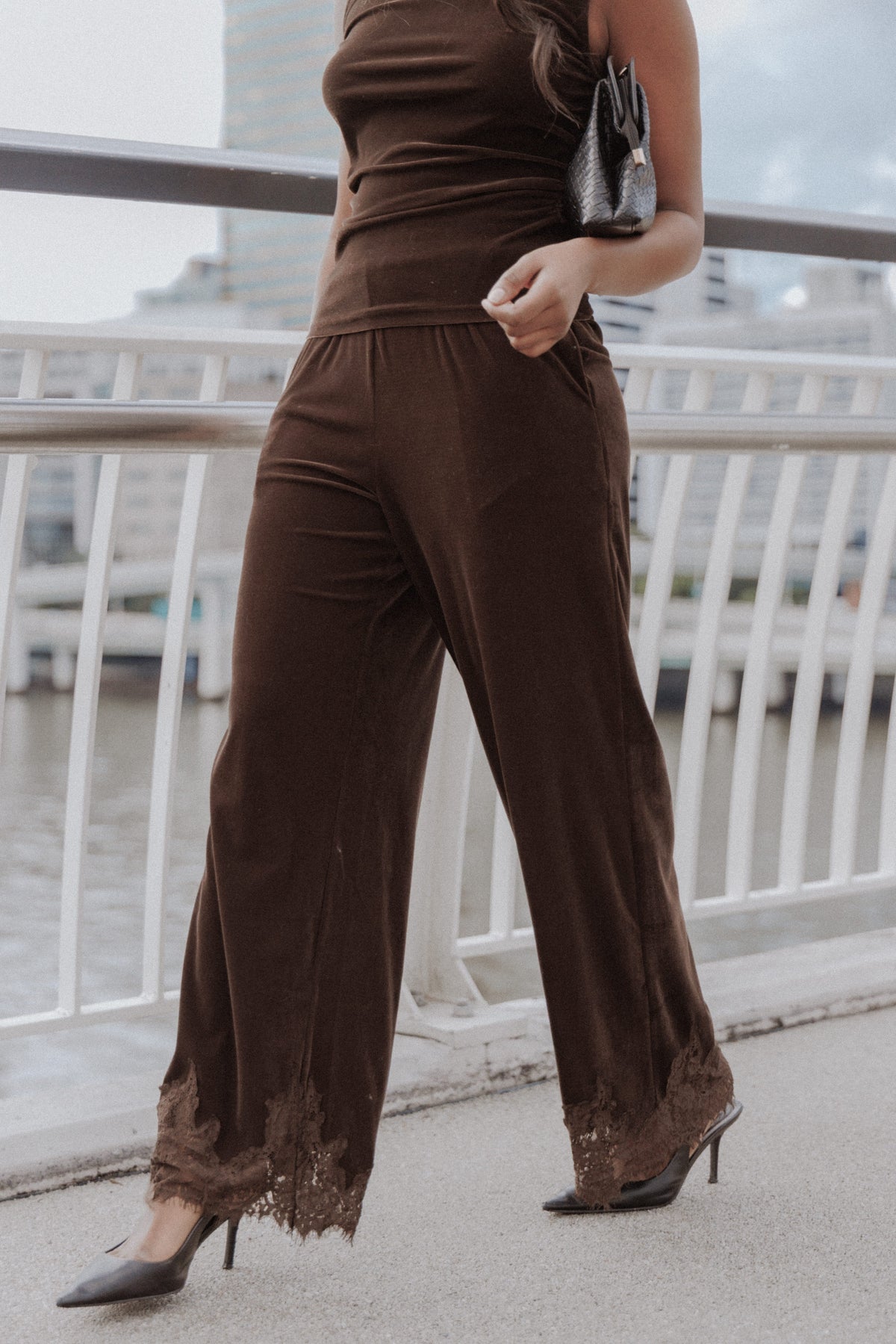 BOTTOMS Layton Wide Leg Lace Trim Pants - Chocolate Velvet