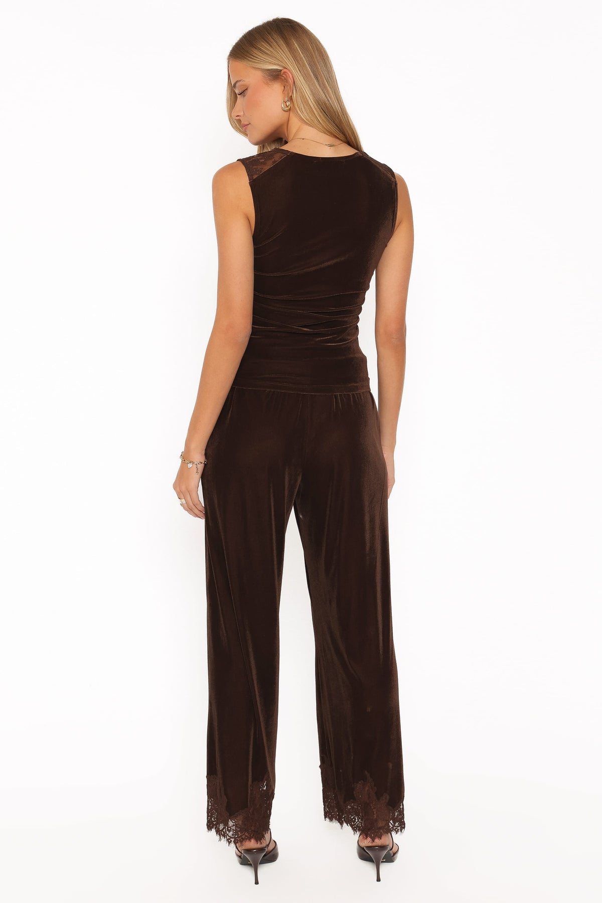 BOTTOMS Layton Wide Leg Lace Trim Pants - Chocolate Velvet