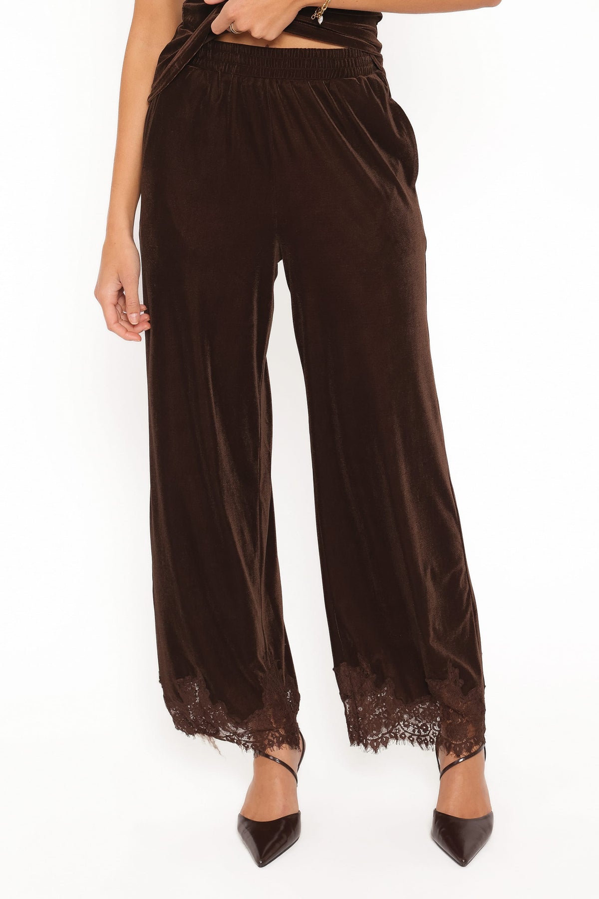 BOTTOMS Layton Wide Leg Lace Trim Pants - Chocolate Velvet