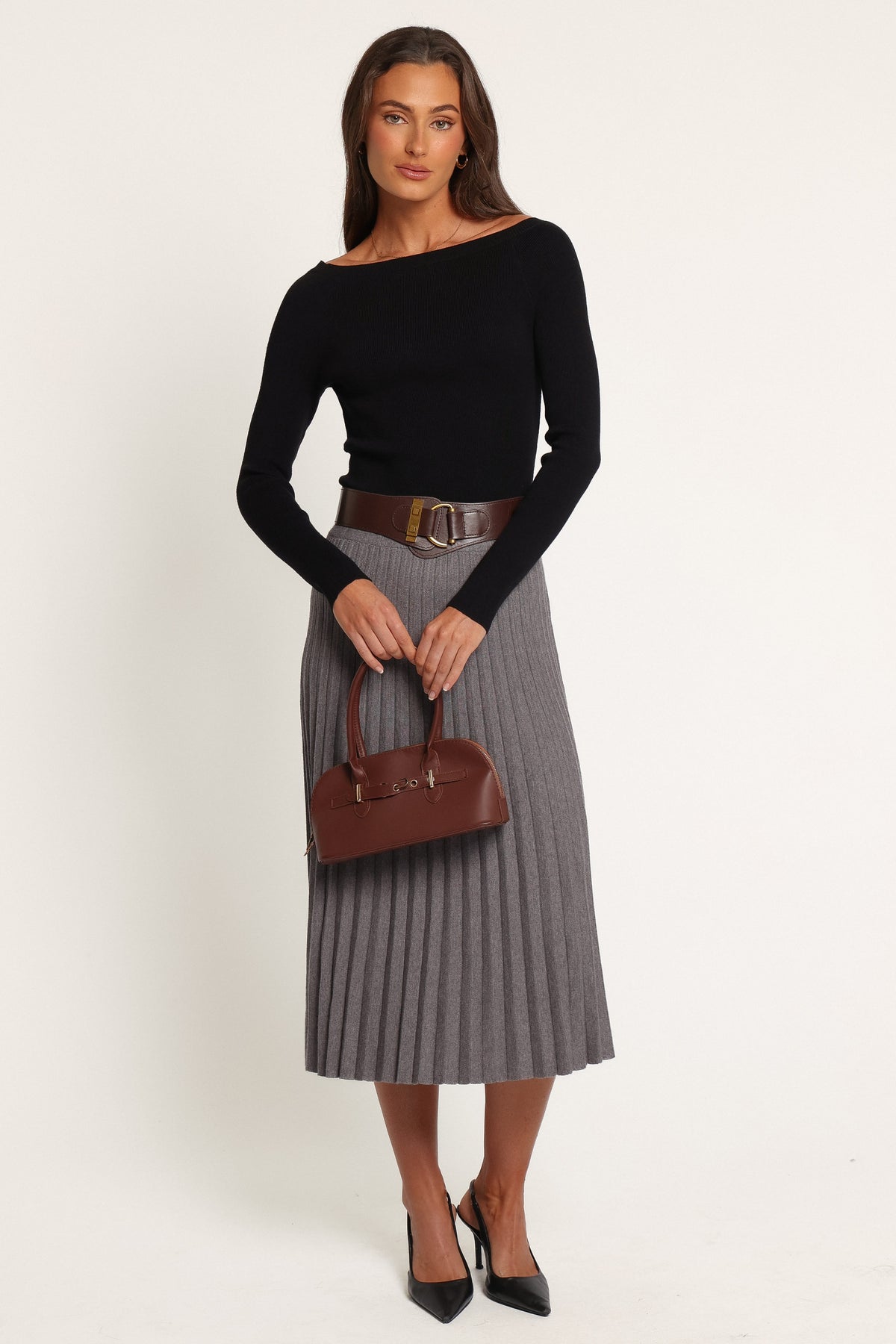 BOTTOMS Loulani Pleated Knit Midi Skirt - Grey