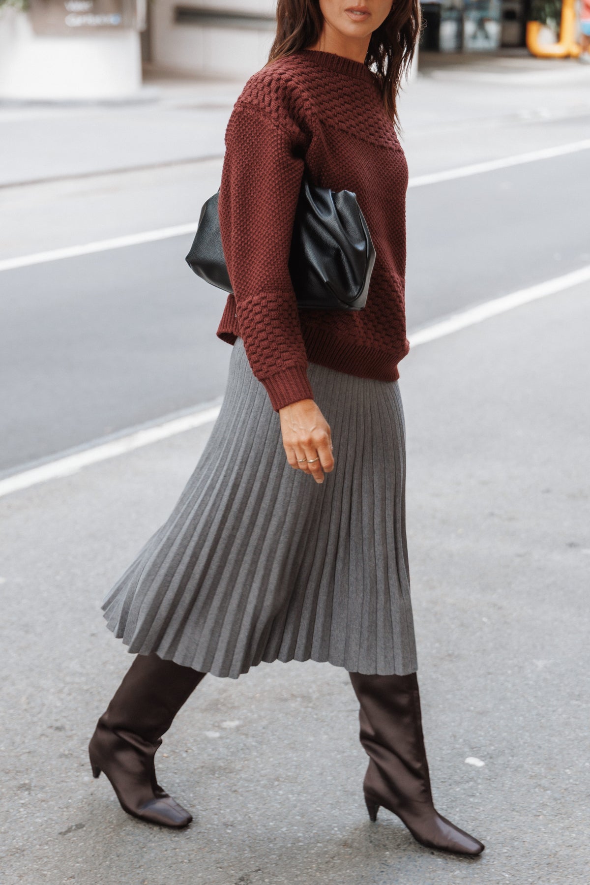 BOTTOMS Loulani Pleated Knit Midi Skirt - Grey