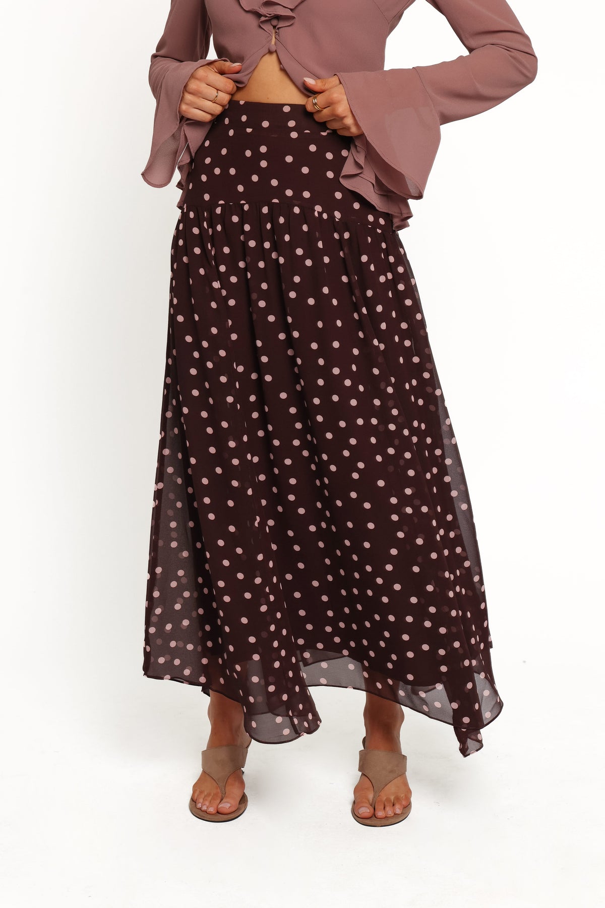 BOTTOMS Mayven Drop Waist Midi Skirt - Plum Polka Dot