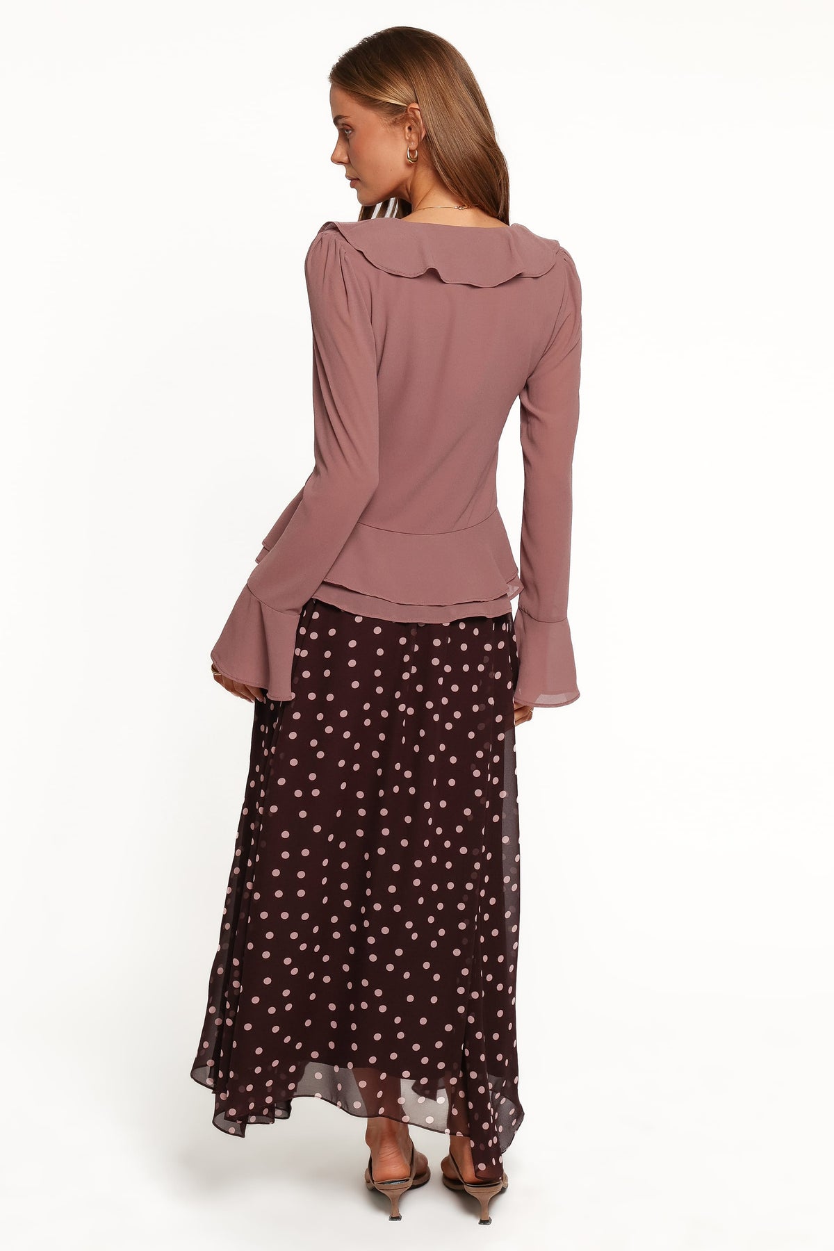 BOTTOMS Mayven Drop Waist Midi Skirt - Plum Polka Dot
