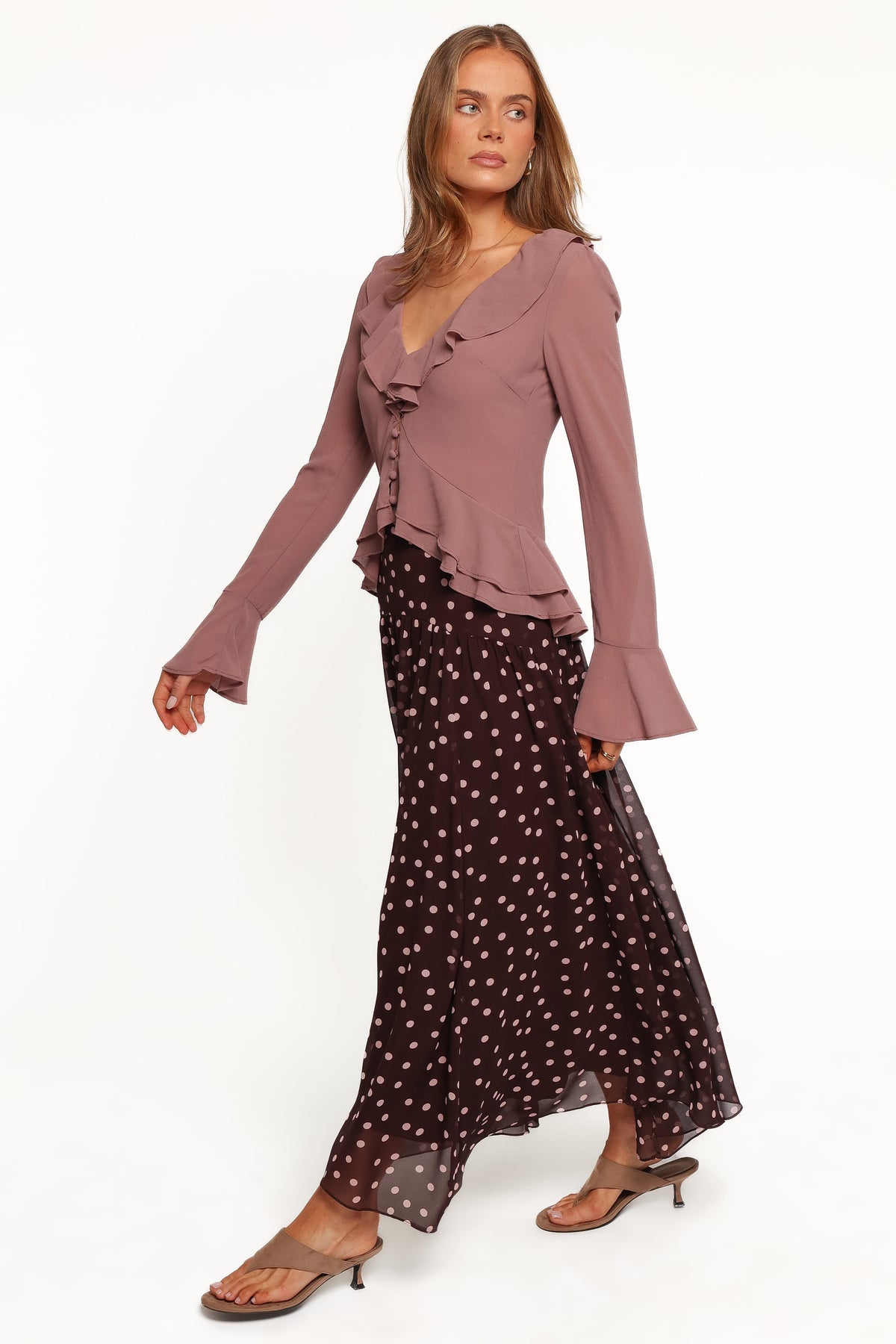 BOTTOMS Mayven Drop Waist Midi Skirt - Plum Polka Dot