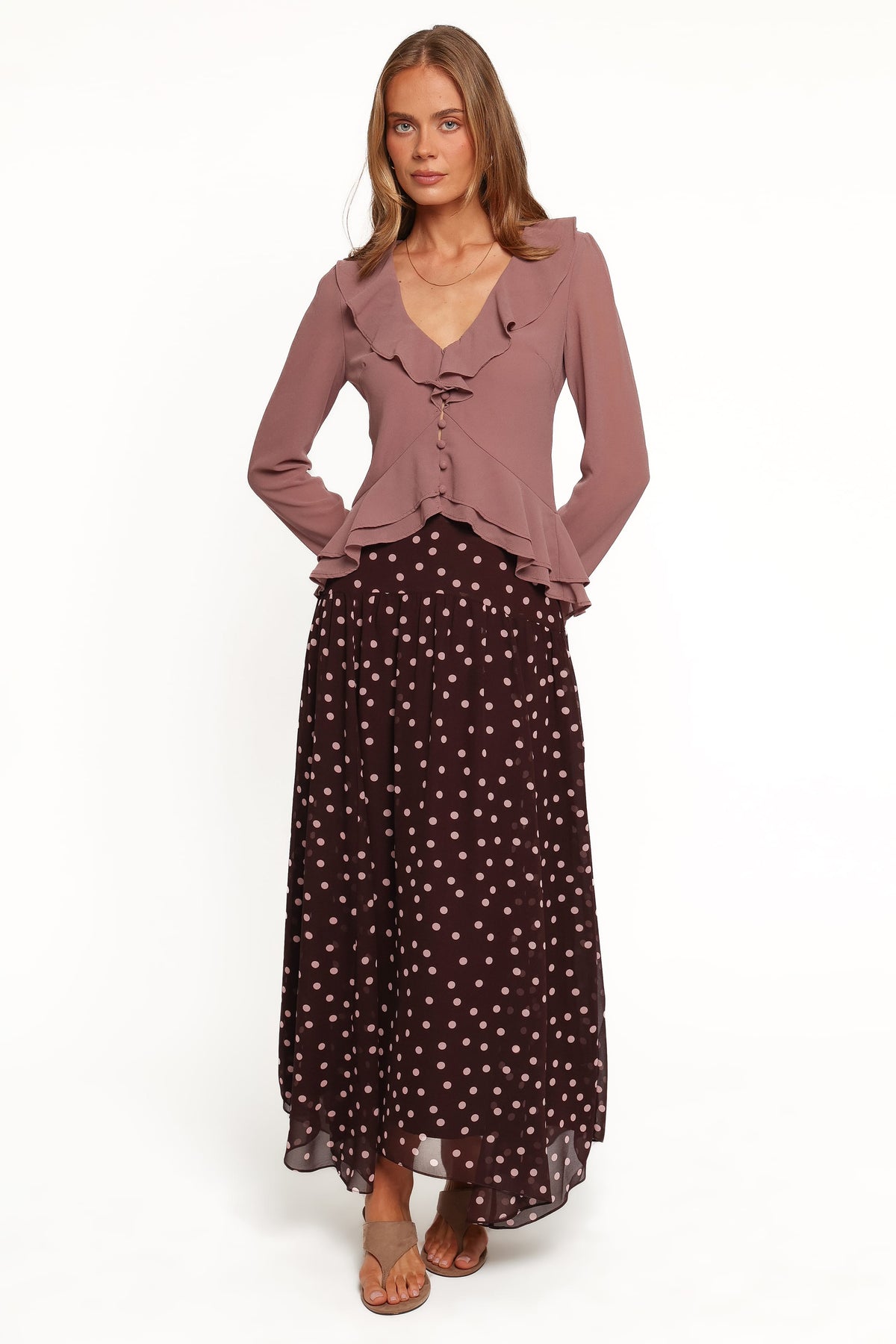 BOTTOMS Mayven Drop Waist Midi Skirt - Plum Polka Dot