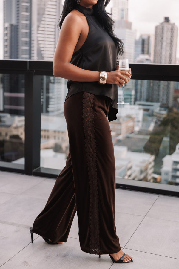 BOTTOMS Mellie Lace Trim Pants - Chocolate Brown Velvet