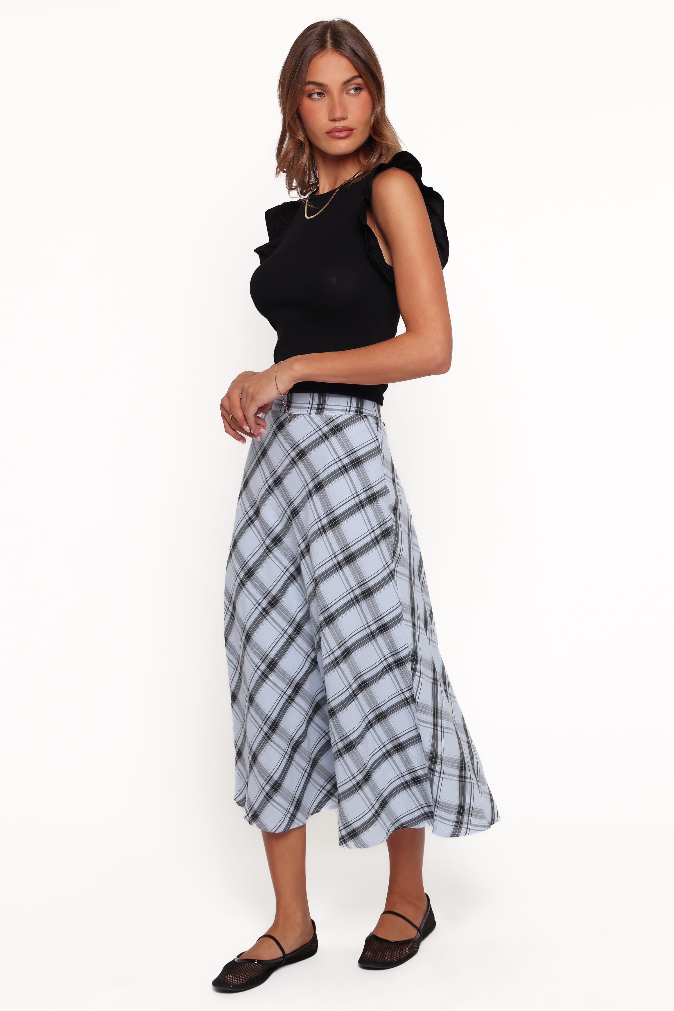 BOTTOMS Piper Midi Skirt - Icy Bue Plaid