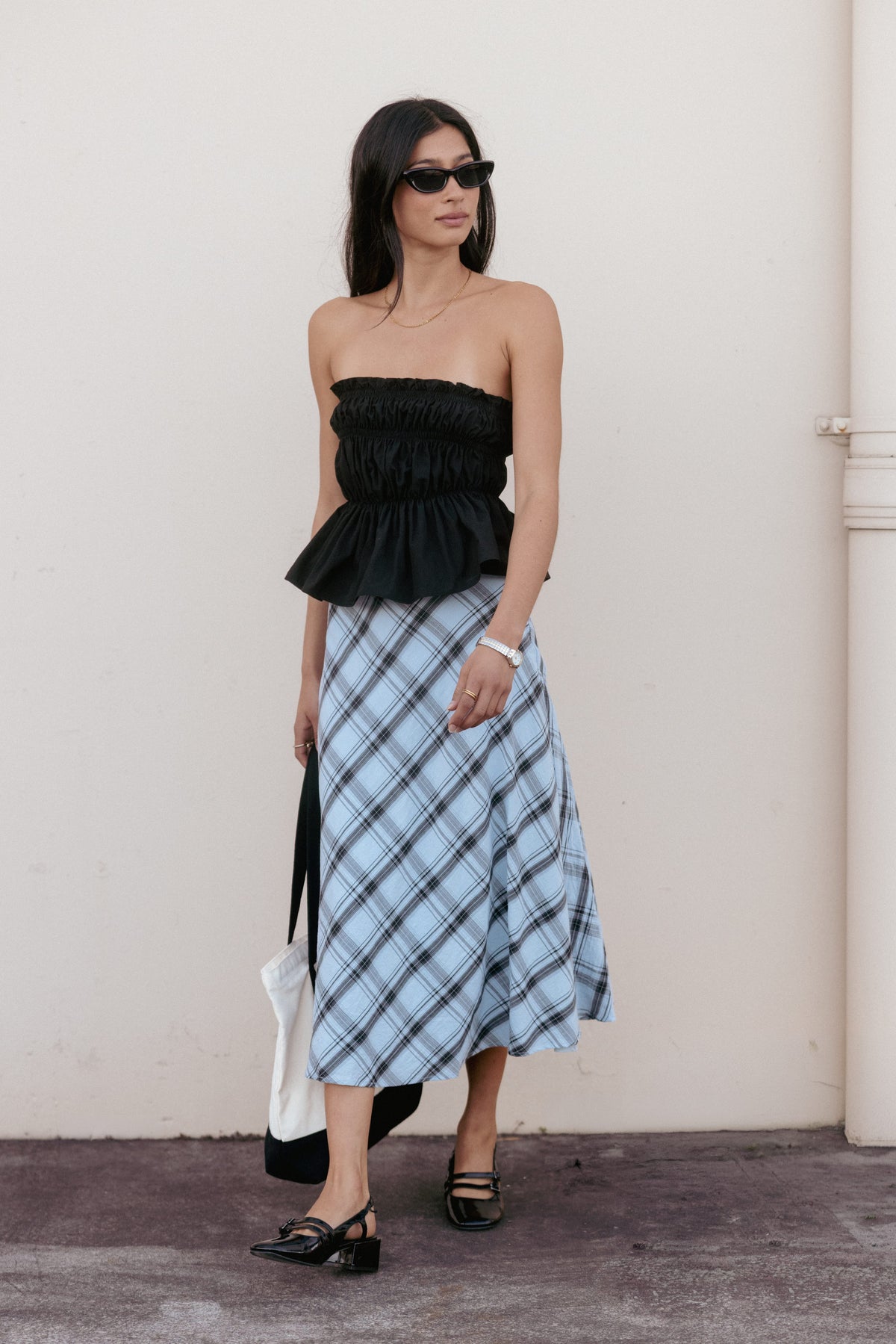 BOTTOMS Piper Midi Skirt - Icy Bue Plaid